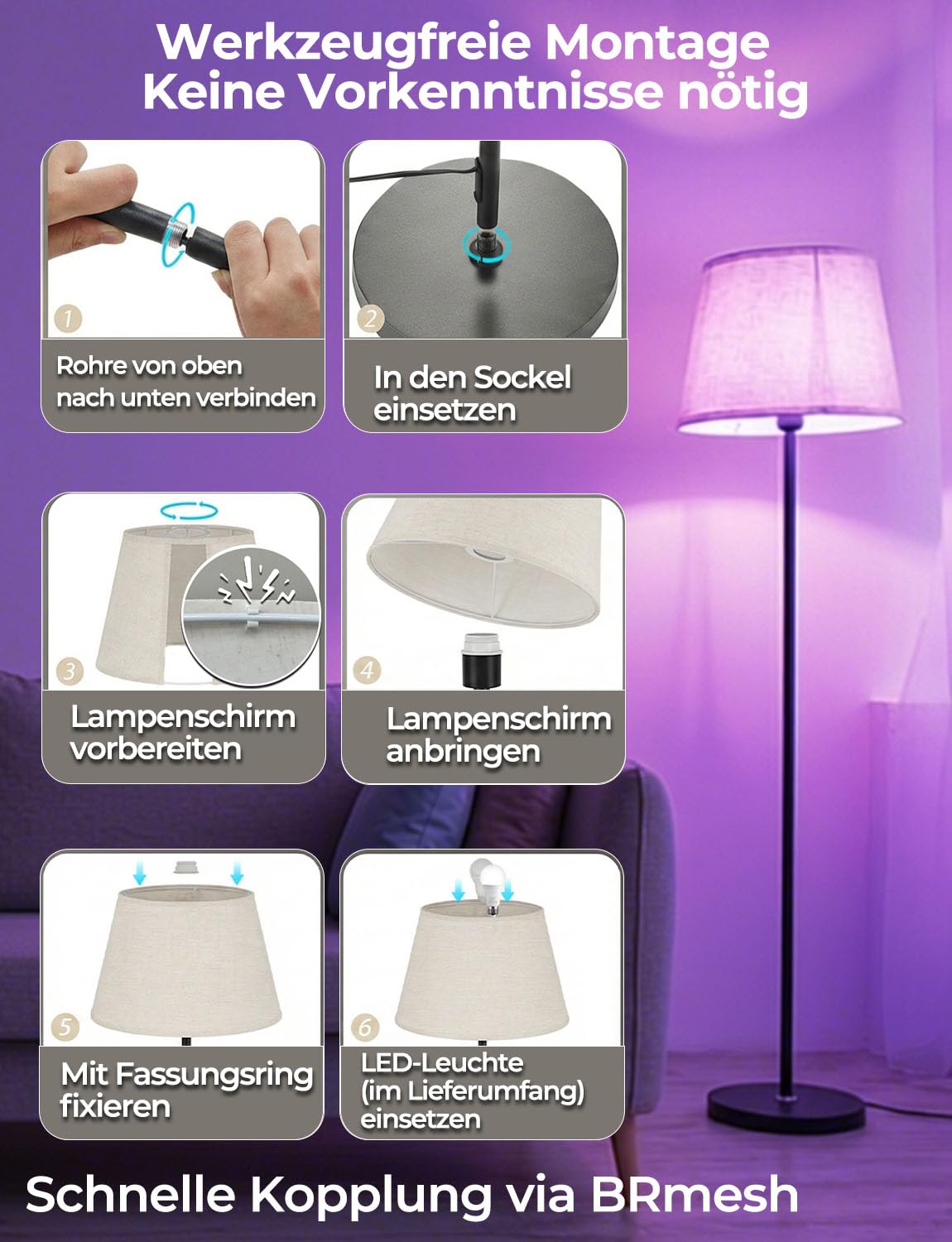 Intelligente LED Stehlampe Wohnzimmer Dimmbar RGB mit Fußschalter und App-Steuerung, 16 Millionen Farben, 152cm Moderne Stehlampe mit Glühbirne, 2700K-6000K, CRI92, 10W 1200LM für Schlafzimmer & Büro
