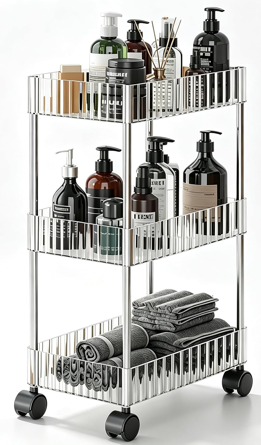 Sooyee Slim Clear 3-Tier Plastic Rolling Utility Cart with Wheels | Multi-Functional Storage Trolley, For Office, Living Room, Kitchen, Movable Storage Organizer