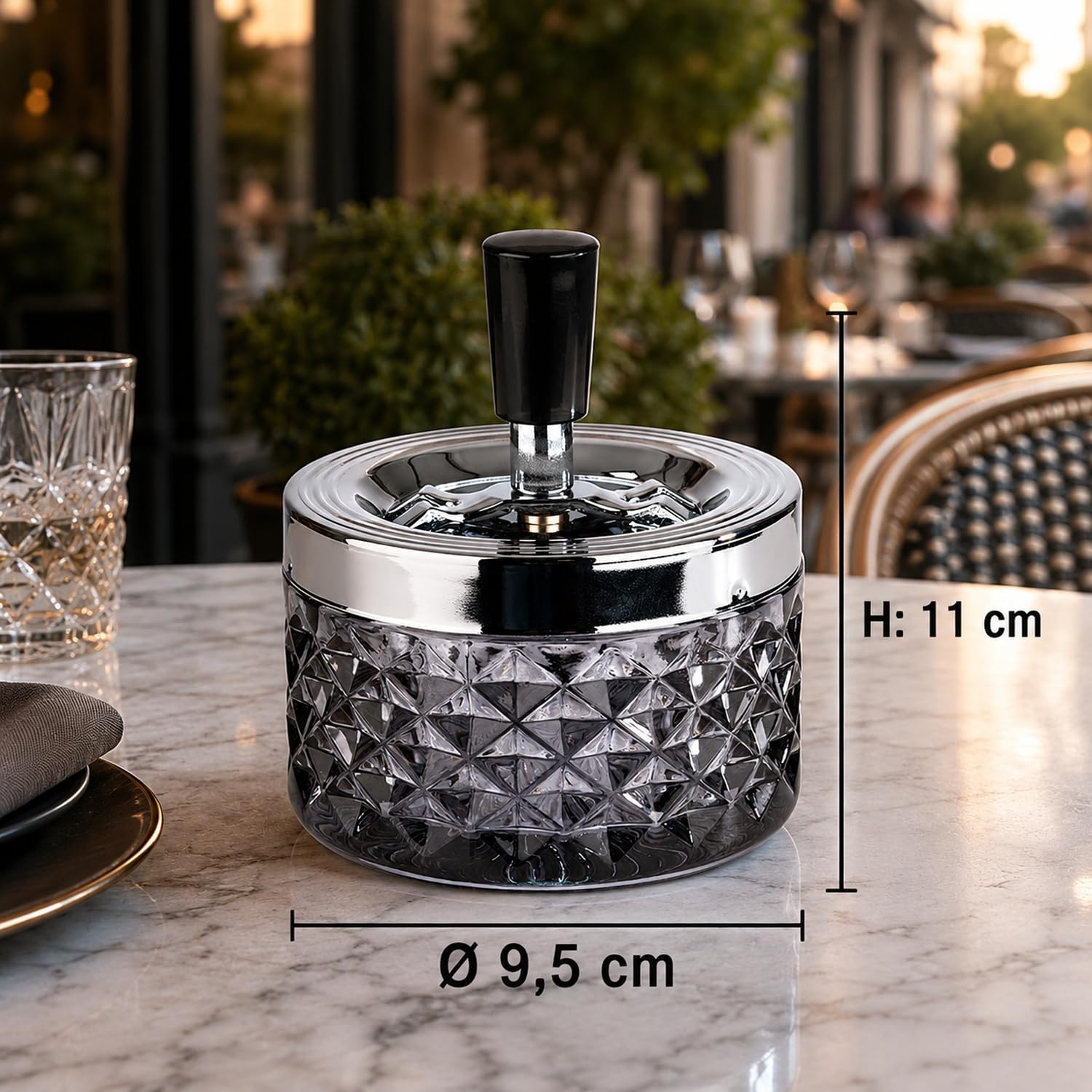 APS 568 Cendrier rotatif "PUSH", Ø 9,5 cm, hauteur 11 cm, avec fermeture à baïonnette, verre, métal chromé, dark grey, brillant