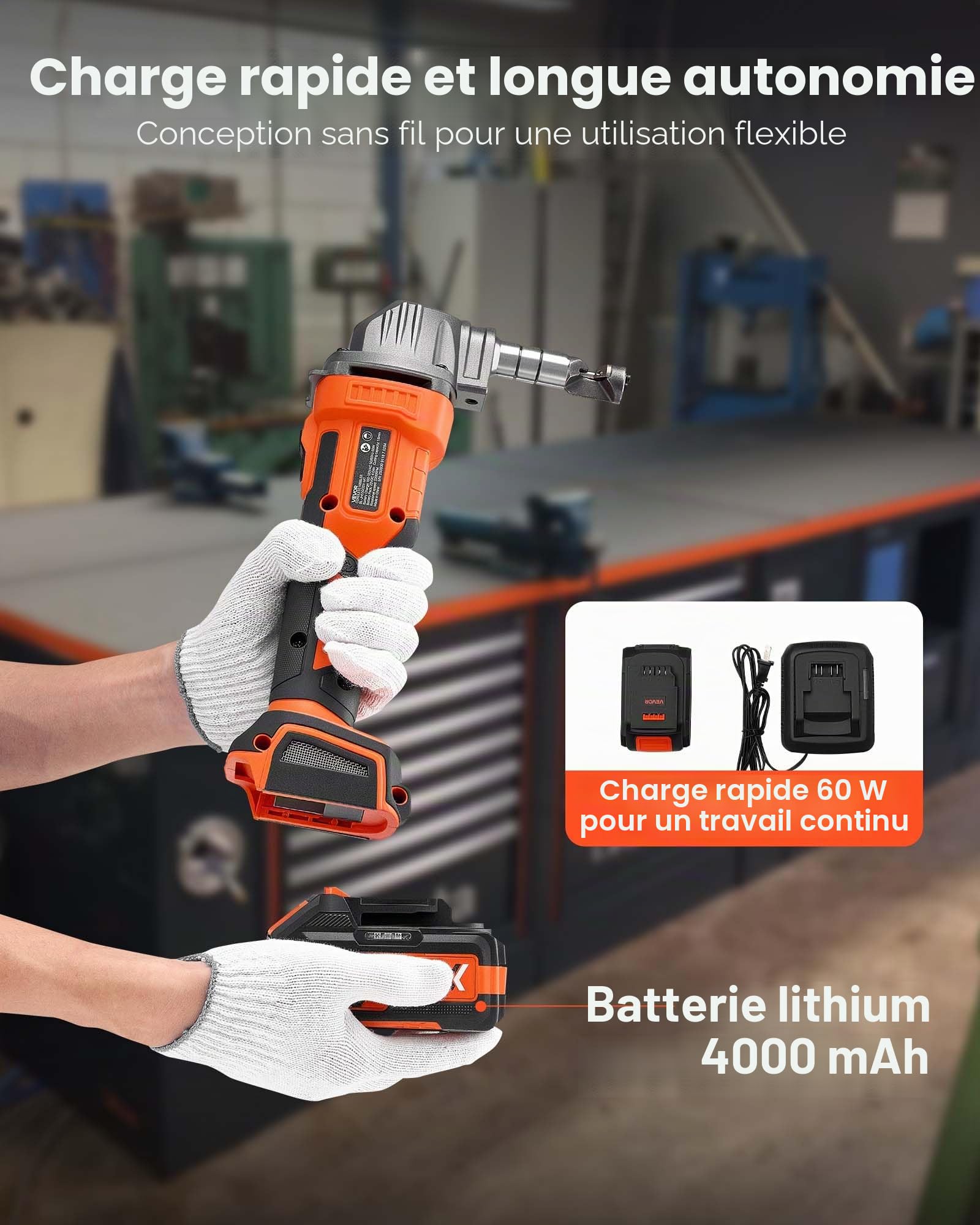 VEVOR Grignoteuse Électrique sans Fil, Cisaille Grignoteuse à Tôle avec Batterie 20 V 4000 mAh, Moteur sans Balais Performant 2200 tr/min, Outil Coupe Métaux Électrique avec Mallette, pour Atelier