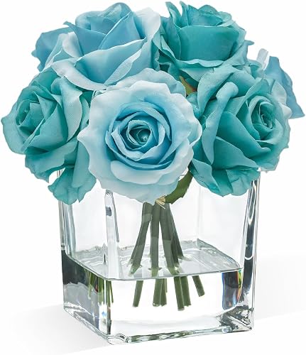WELL KNOWN Rose Artificial Flowers in Vase with Faux Water, Silk Rose Table Centerpieces for Home Coffee Table Decor, Fake Roses Flower Arrangements for Office Hotel Lavatory Decor (Teal Blue)