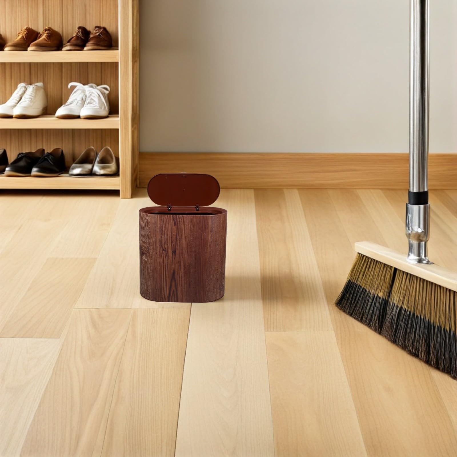 MAGICLULU Cubo de Basura Delgado de 14l con Diseño de Veta de Madera, Plástico Pp Resistente y Tapa Abatible para Baño y Rincones Estrechos, Contención de Olores