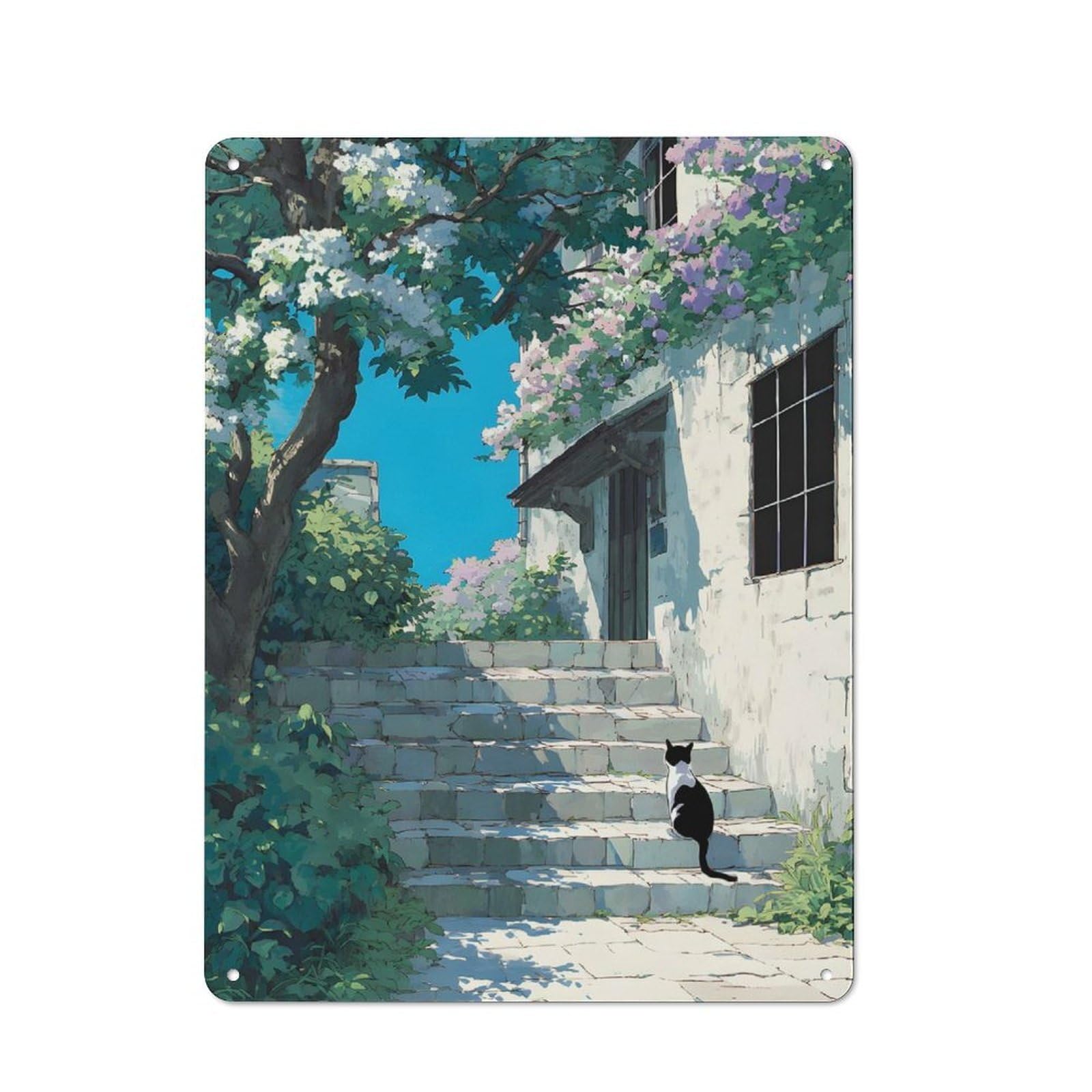 Junmoney Style-23 Vintage Tin Sign 40X30cm With Floral Stairway With Cat Illustration For Hobby Room Or Studio, For Metal Sign Collectors, For Garage And Workshop Walls