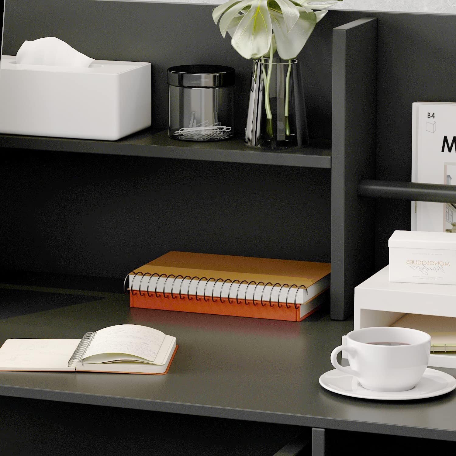 AIEGLE Reception Desk with Drawers & Storage Shelves, Table with Private Panels, for Salon Reception Room Checkout Office, Black (47.3" L x 18.3" W x 43.3" H)