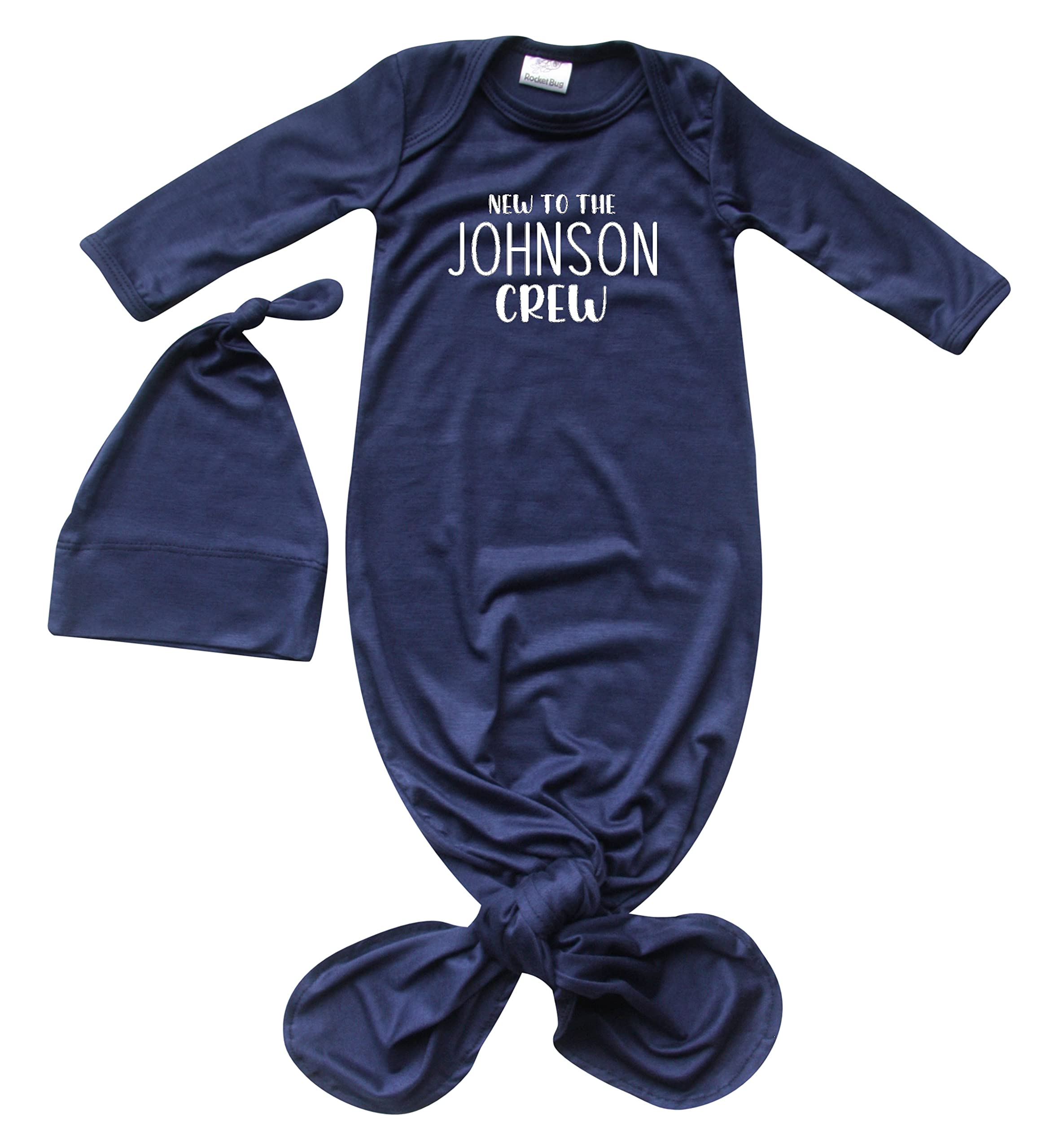 Rocket Bug Personalized New to the Crew Silky Baby Gown with Hat for Boys and Girls-Boy, Girl, Gender Neutral (Navy, Newborn)