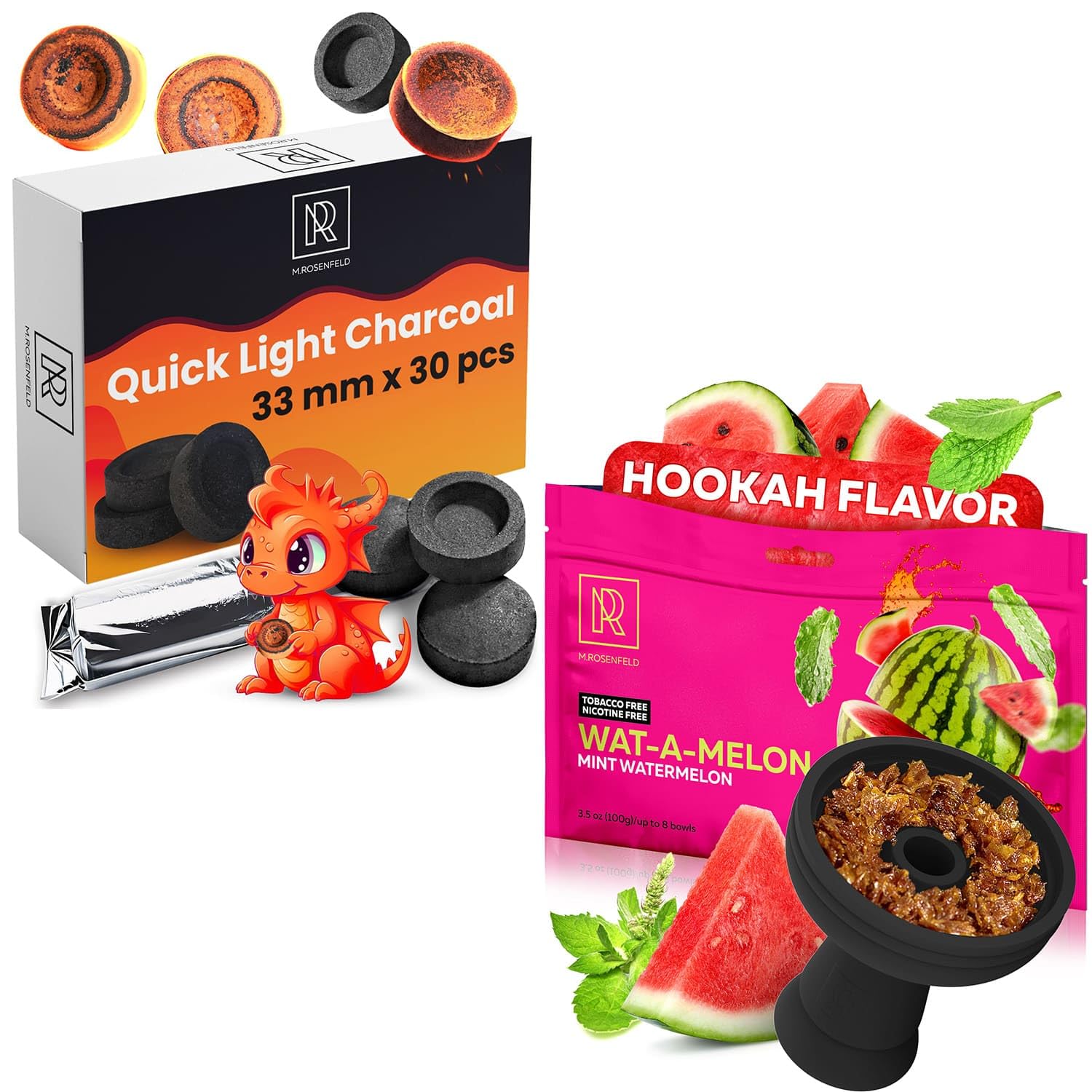 Hookah Flavor Watermelon Mint Herbal - Hookah Shisha Tobacco Free Molasses - 2.8 ounce - 30 pcs Charcoal Tablets for Incense - Hookah Charcoal Hookah Coals for Hookah