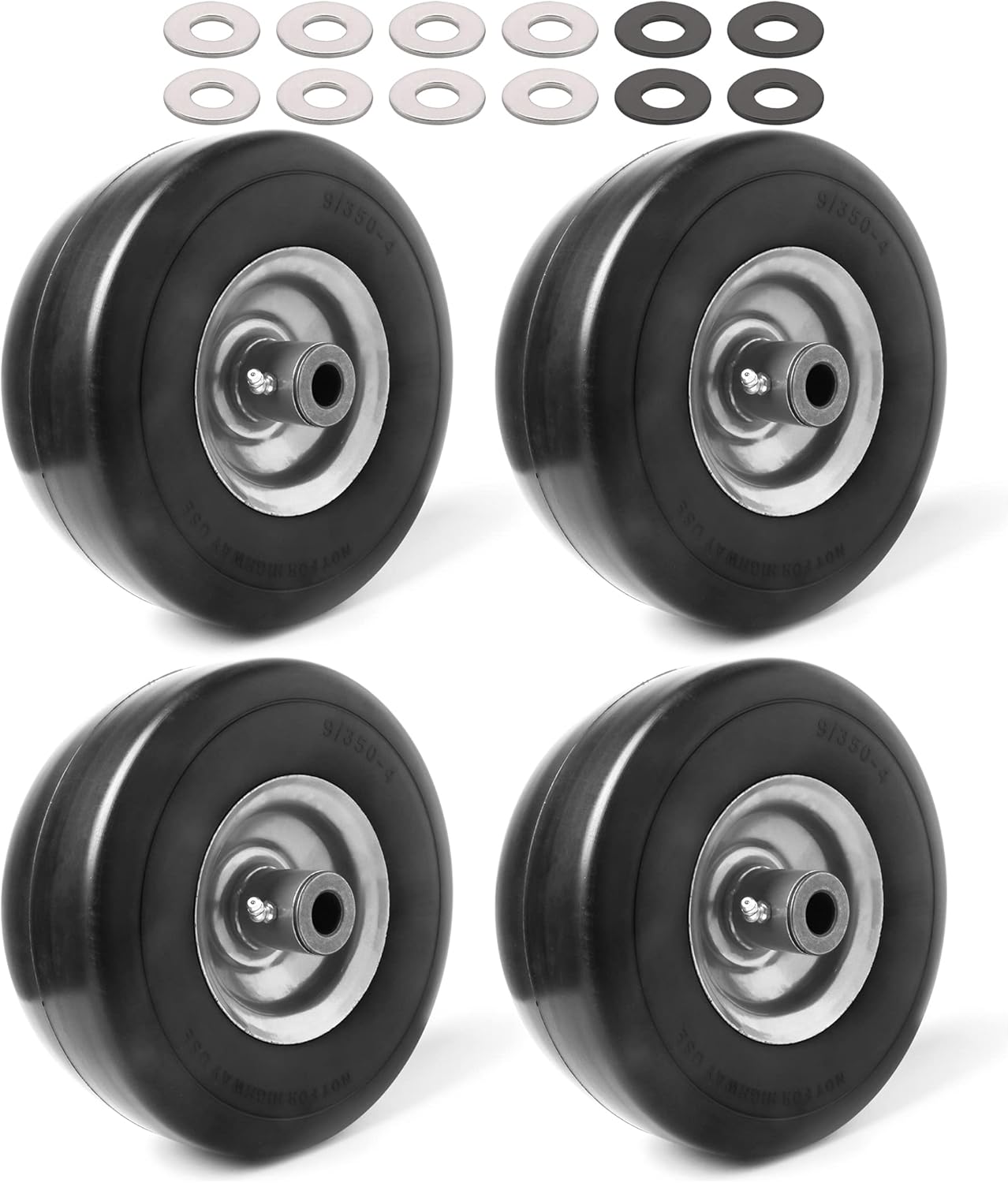 (4-Pack) 9x3.50-4” Flat Free Lawnmower Tire with 4" Centered Hub, 3/4" Bushings and Wheel Assemblies - PU Tire on Wheel and Adapter Kits