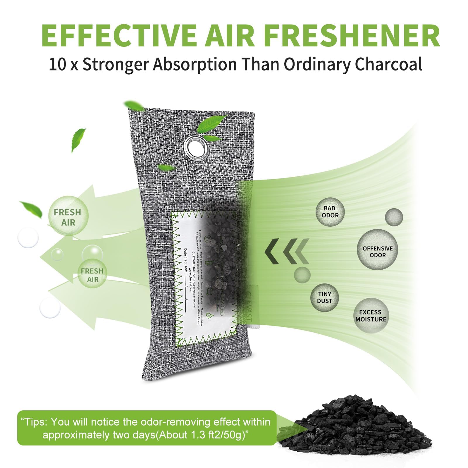 6 Sacchetti Carbone Bambù - Assorbono Odori E Umidità - Per Auto, Armadi, Scarpe - Riutilizzabili 2 Anni - Foto 7