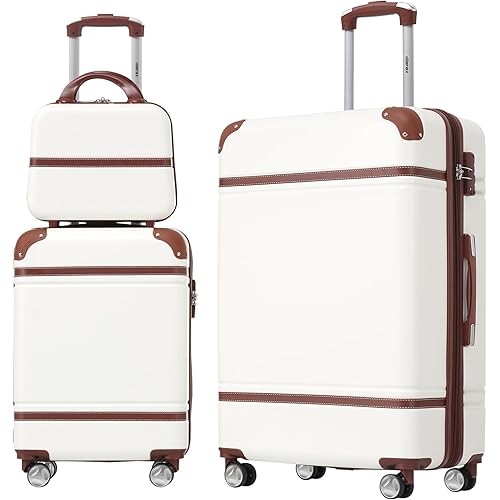 Merax Luggage Set 2 Piece Suitcase Set with Cosmetic Case Expandable Spinner Wheels Vintage Luggage Sets(White,20"+28")