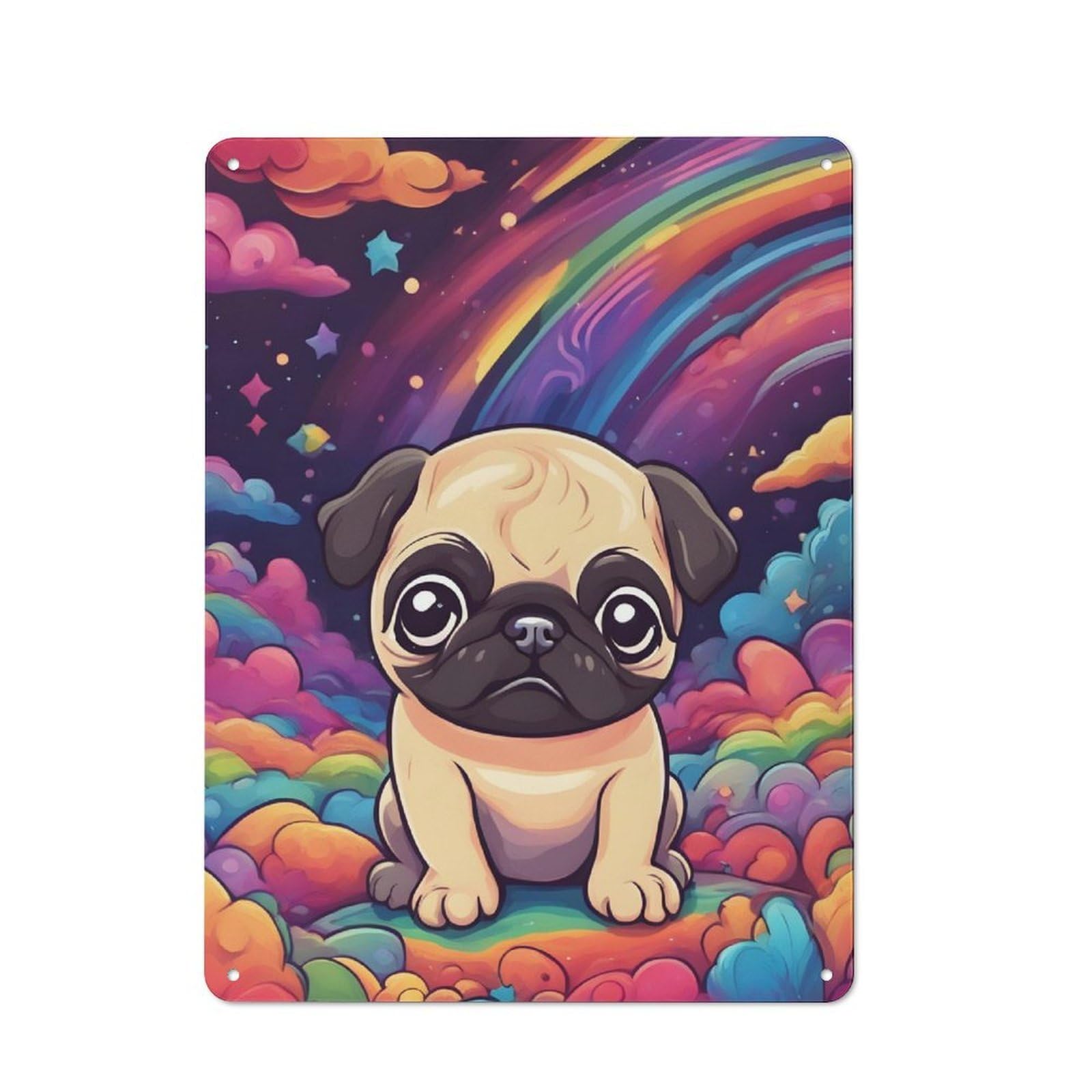 Junmoney Colorful Cute Pug Retro Tin Wall Plaque 40X30cm Featuring For Garage Wall, For Vintage Wall Decor Fans, For Themed Room Decoration