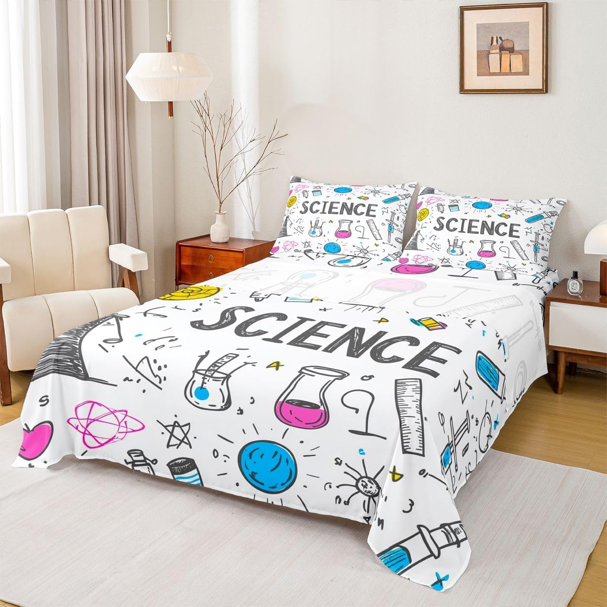 Erosebridal Science Sheet Set Math Equations Geometry Axis Art Full Size Bed Sheets for Toddler Boys | School Educational Science Students Bedding Set, Room Decor Aesthetic