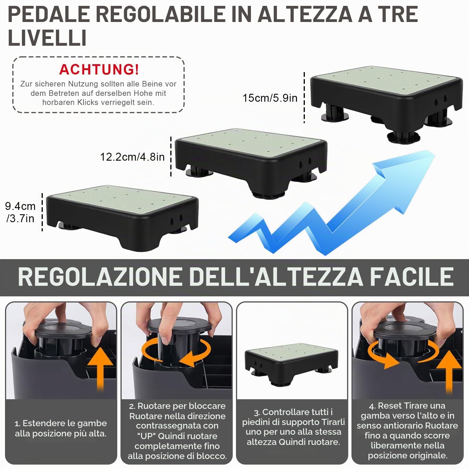 Semi-gradino antiscivolo, gradino retroilluminante, regolabile in altezza su 3 livelli, portata fino a 250 kg, aiuto per anziani e bambini, sgabello doccia e gradino auto per interni ed esterni