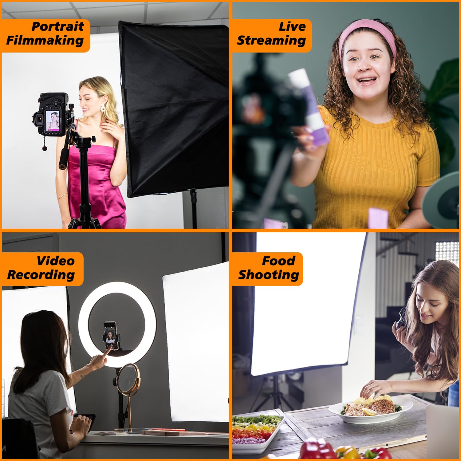 Softbox - Kit d'éclairage LED pour studio photo - 85 W - 40 x 40 cm - Avec lampes de studio E27 3000-6500 K - Trépied de lumière entièrement réglable - Pour YouTube, Tiktok, portraits de studio