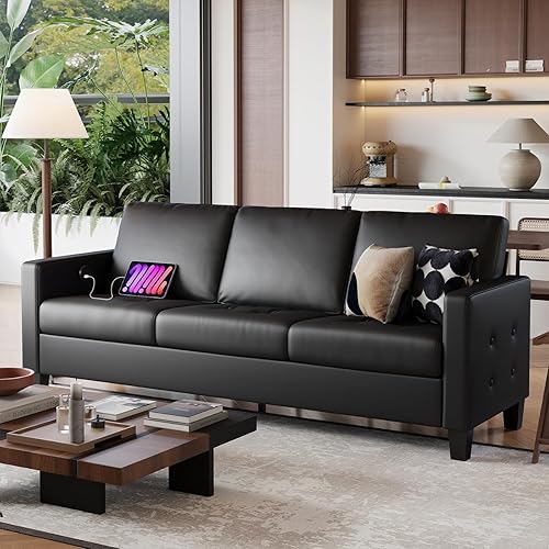 STHOUYN Sofá de piel sintética negra de 73 pulgadas, moderno y cómodo sofá de 3 plazas con reposabrazos copetudo y USB, sofás pequeños para sala de