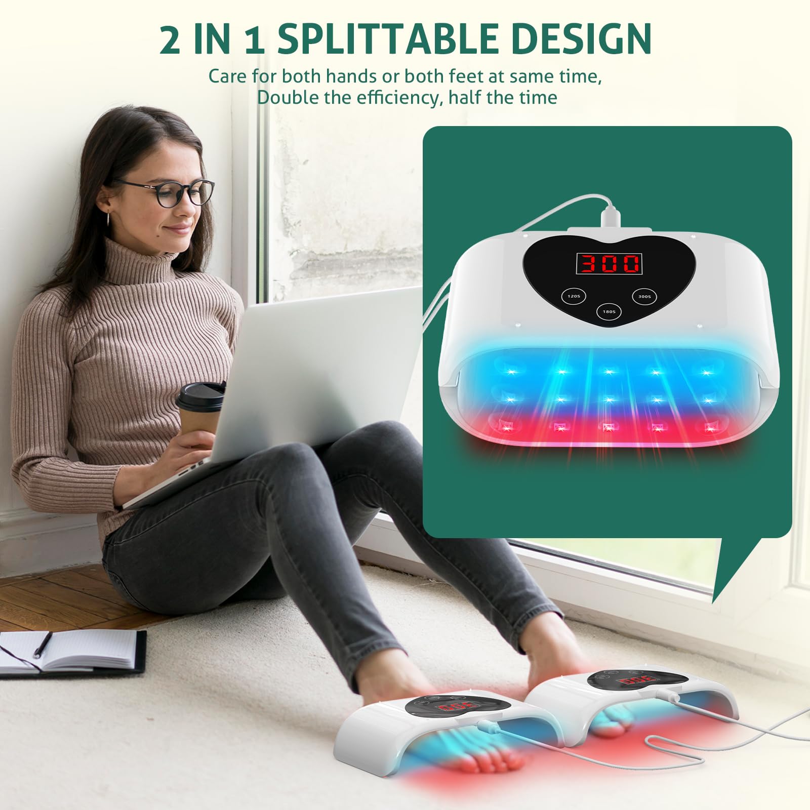 iKeener Diseño Separable Aparato para Hongos Uñas para Todas las Uñas, 80 LEDs 460nm Respirable Luz Azul & 650nm Luz Roja Dispositivo para Uso Doméstico, 120s/180s/300s Timer