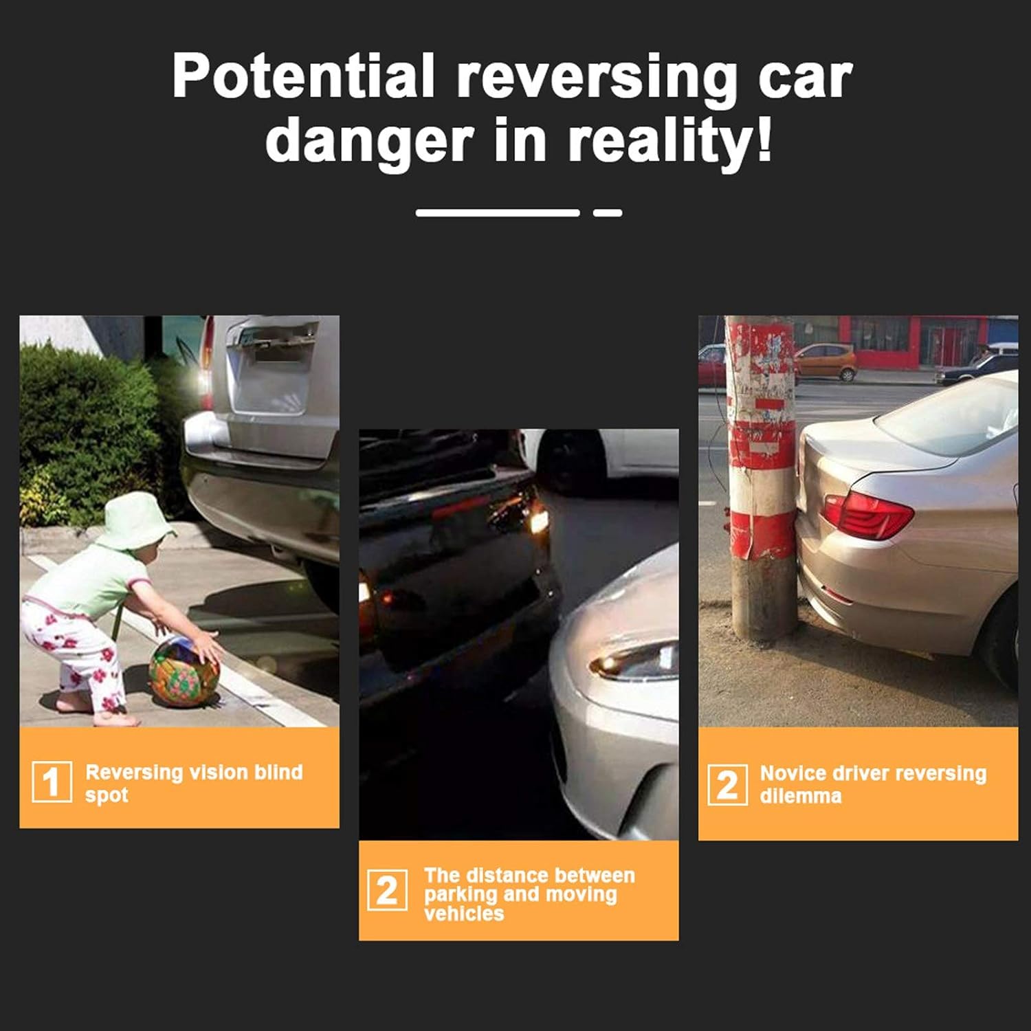 Illustrations of potential reversing car dangers: blind spots, distance misjudgment, and novice driver dilemmas.