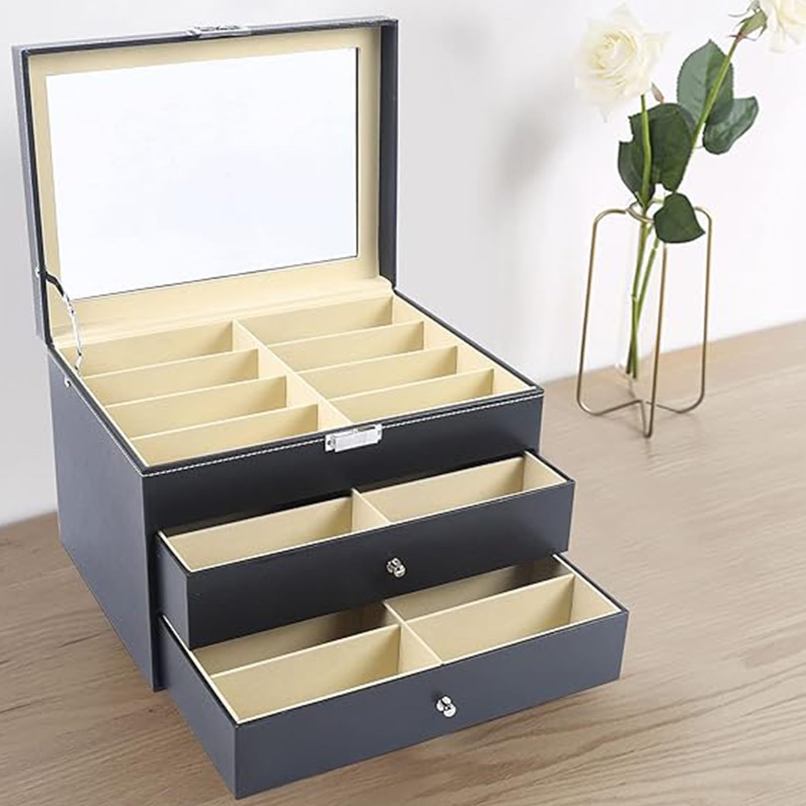 24 Pezzi di Occhiali da Sole Organizzatore di Occhiali Multipli Vetrina per Occhiali a 3 Livelli Scatola di immagazzinaggio Collezione di Cuoio Titolare con cassetto