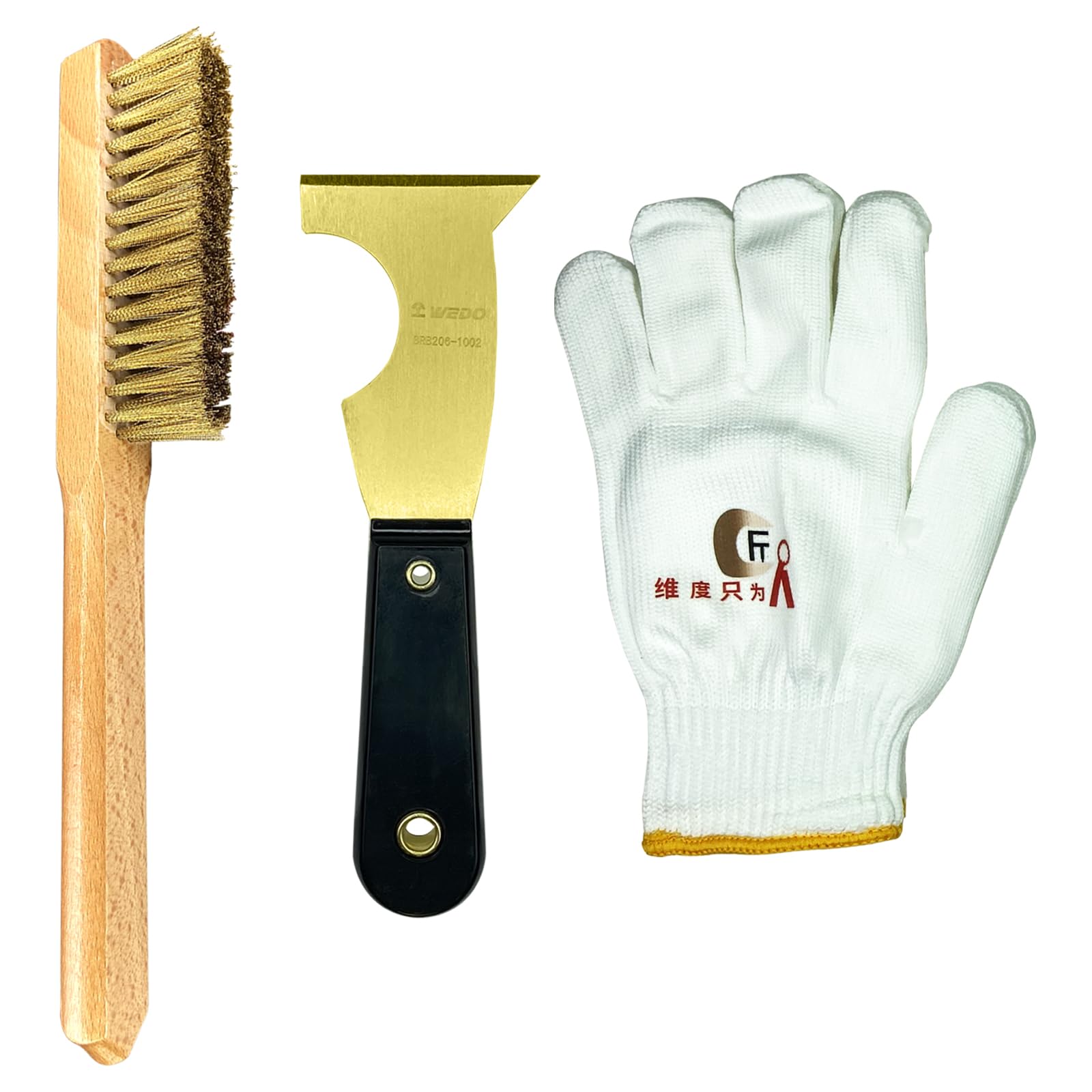WEDO 3pcs Brass Putty Knife Set, 2-1/2" Paint Scraper with Bakelite Handle, 11" Brass Wire Brush,A Pair of Gloves,Scraper Tool for Plaster Scraping Drywall Finishing