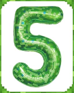 Calmi 40 Inch Giant Green Pixel Miner Theme Number Foil Balloons, Numbers 5 Available, Large Mining Style Party Balloons for Kids' Birthday & Anniversary Decorations