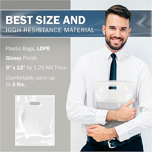 Miniatura 3 de Popular Plastic Bags - Bolsas de compras brillantes para mercancías – 100 bolsas de mercancía a granel de color blanco de 9 x 12 x 1.25 pulgadas –