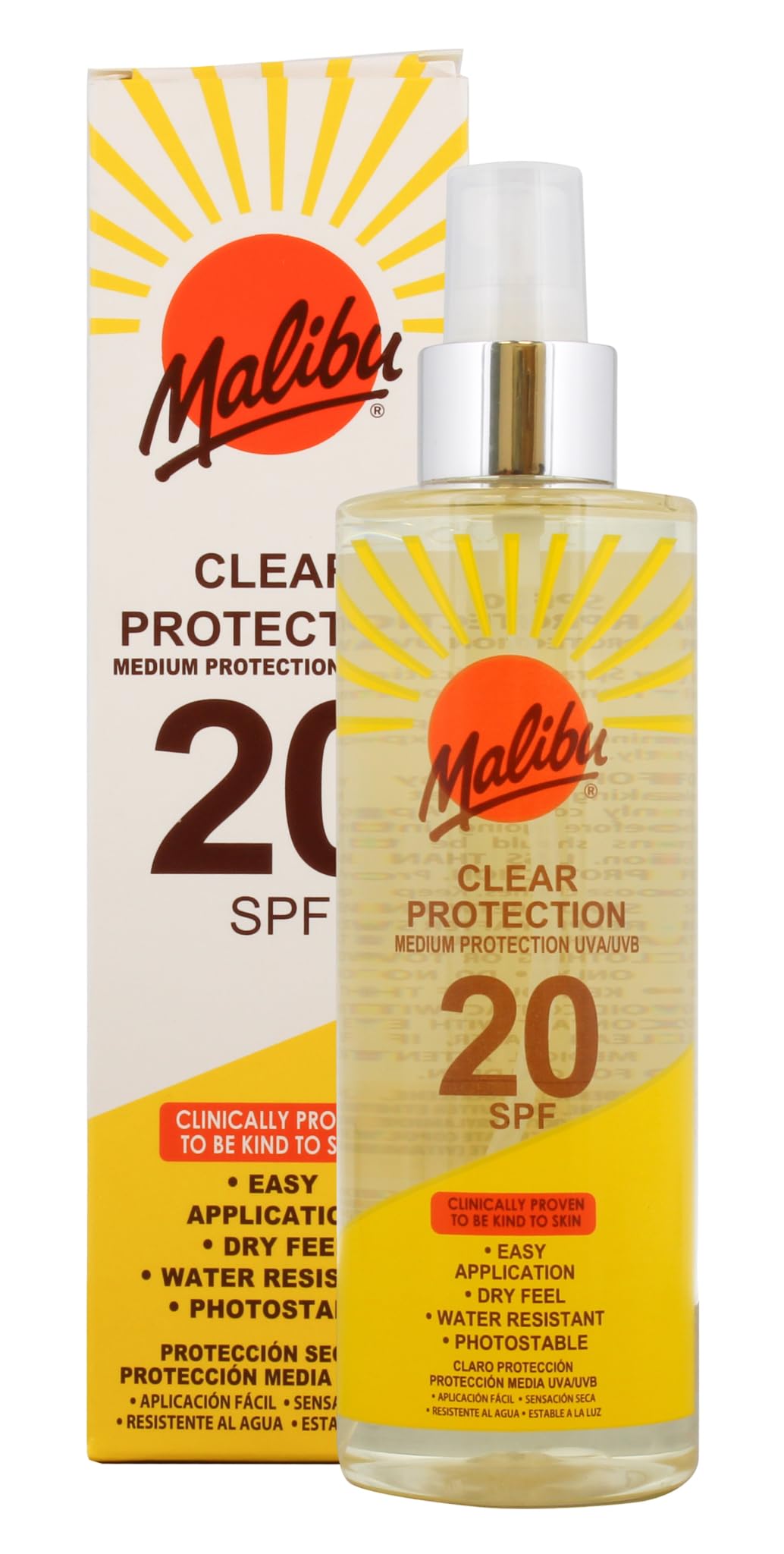 Malibu SPF 20 Clear Protection Sun Tan Spray 250ml UVA/UVB Medium Sun Lotion NEW
