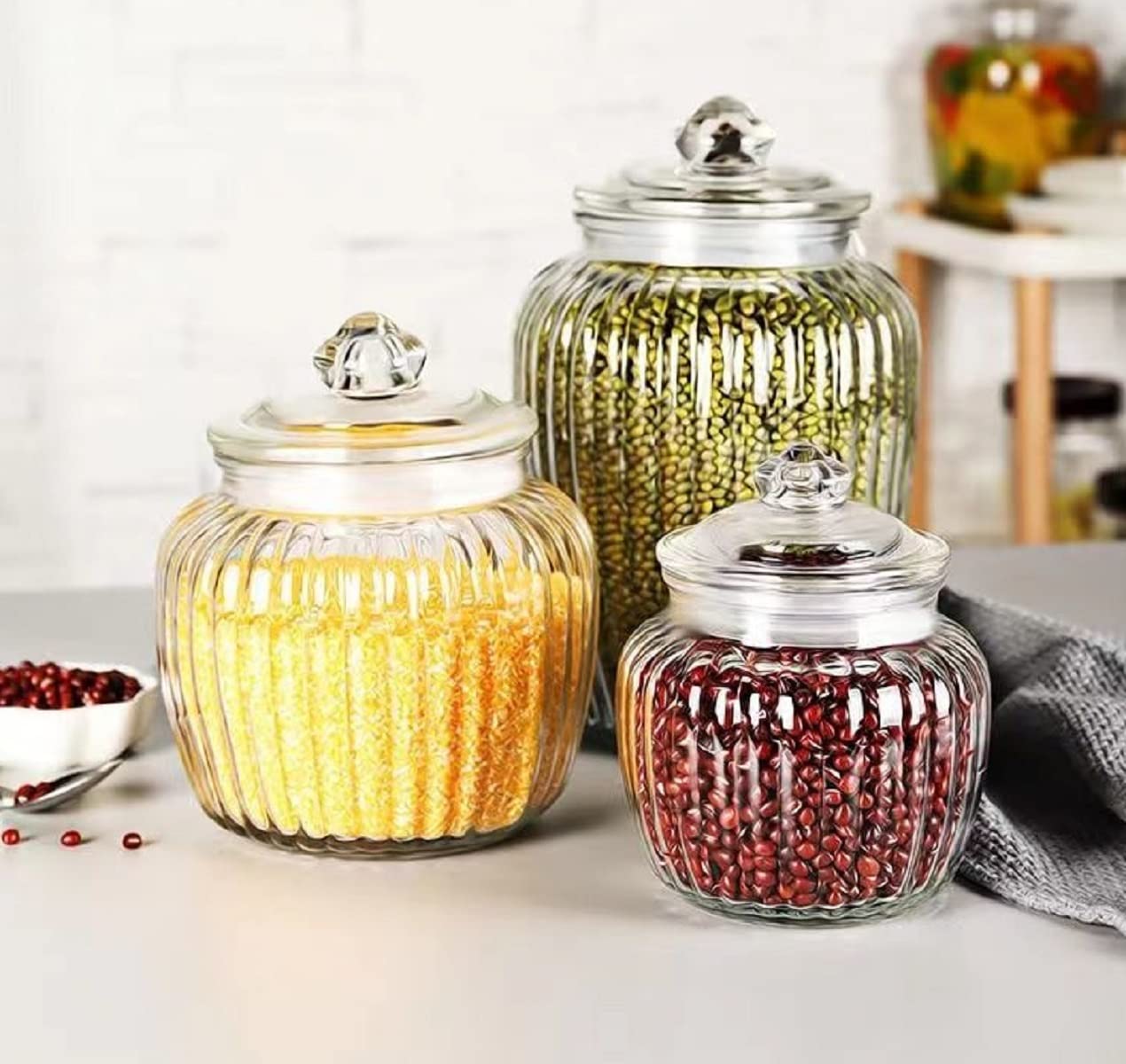 Set di 3 barattoli di vetro con coperchio, grandi barattoli per biscotti in vetro trasparente per cucina, per pasta, farina, cereali, caramelle, caffè, chicchi di biscotti