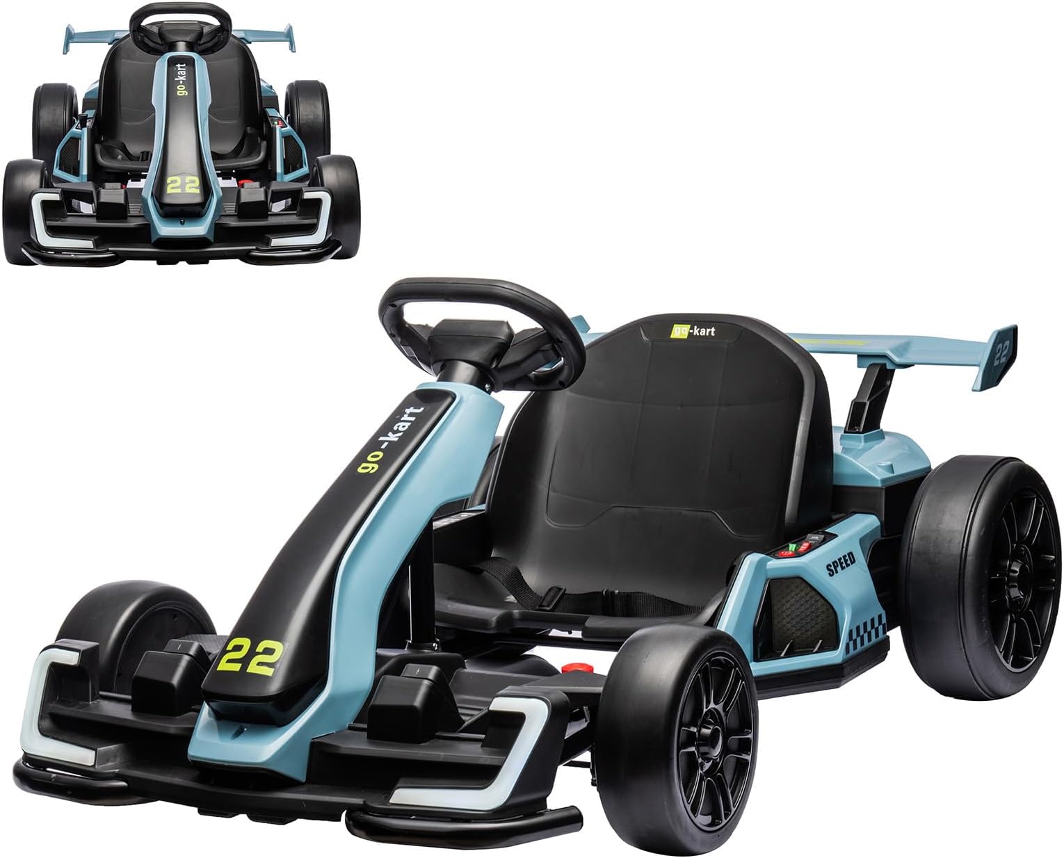 24V Electric Go Kart for Kids，Powerful Drift Kart with Adjustable Seat, 2x150 Motor, 8.5 Mph Speed, 4 Speed Modes, Led Lights,Music, and Honking Horn for Ages 6-12,Blue
