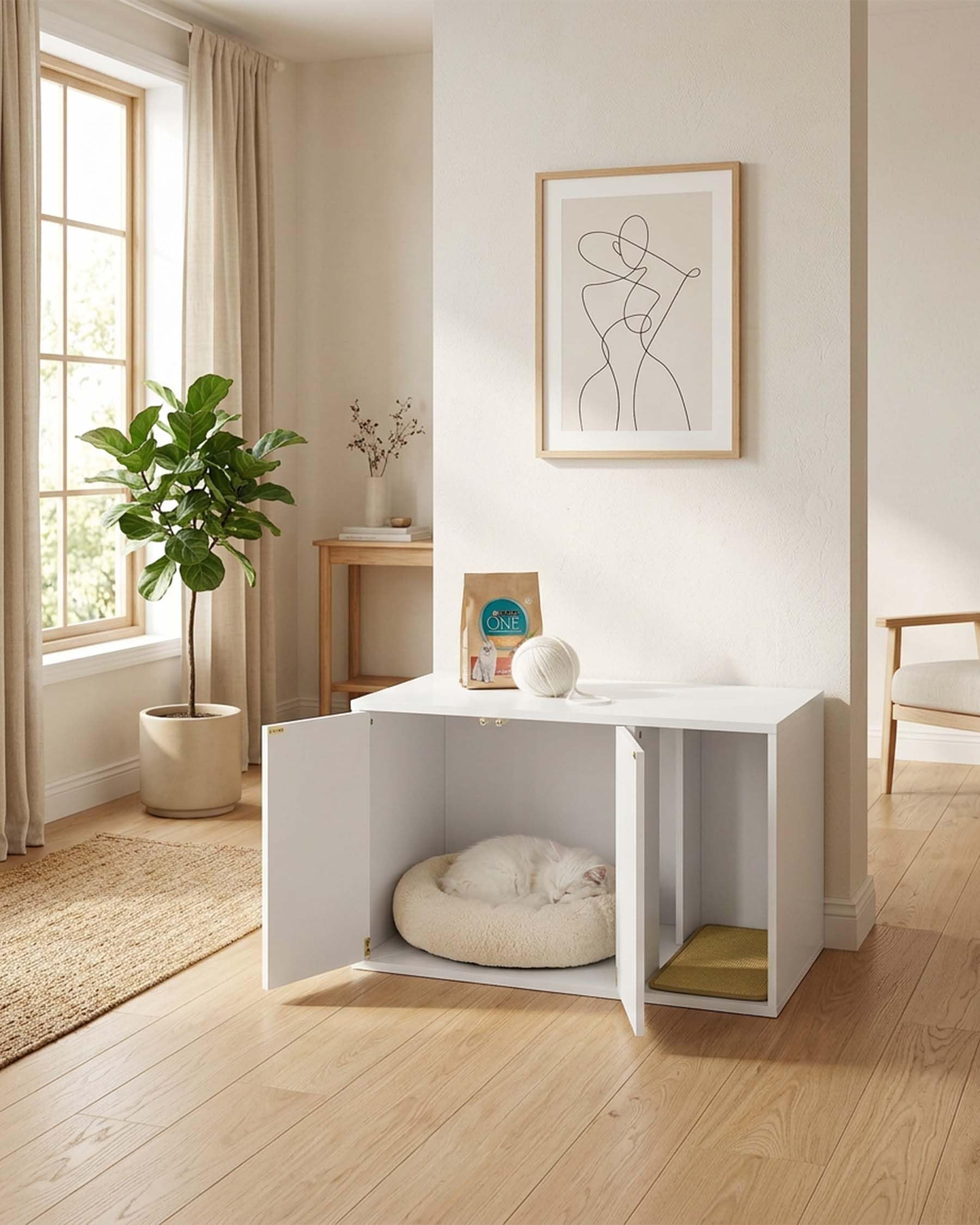 Katzenschrank für Katzentoilette Schrank (80x50x50cm), Katzenkloschrank XXL Katzenhaus Holz, Verstecktes Katzenklo Schrank Möbel mit Kratzmatte & Push-to-Open Türen