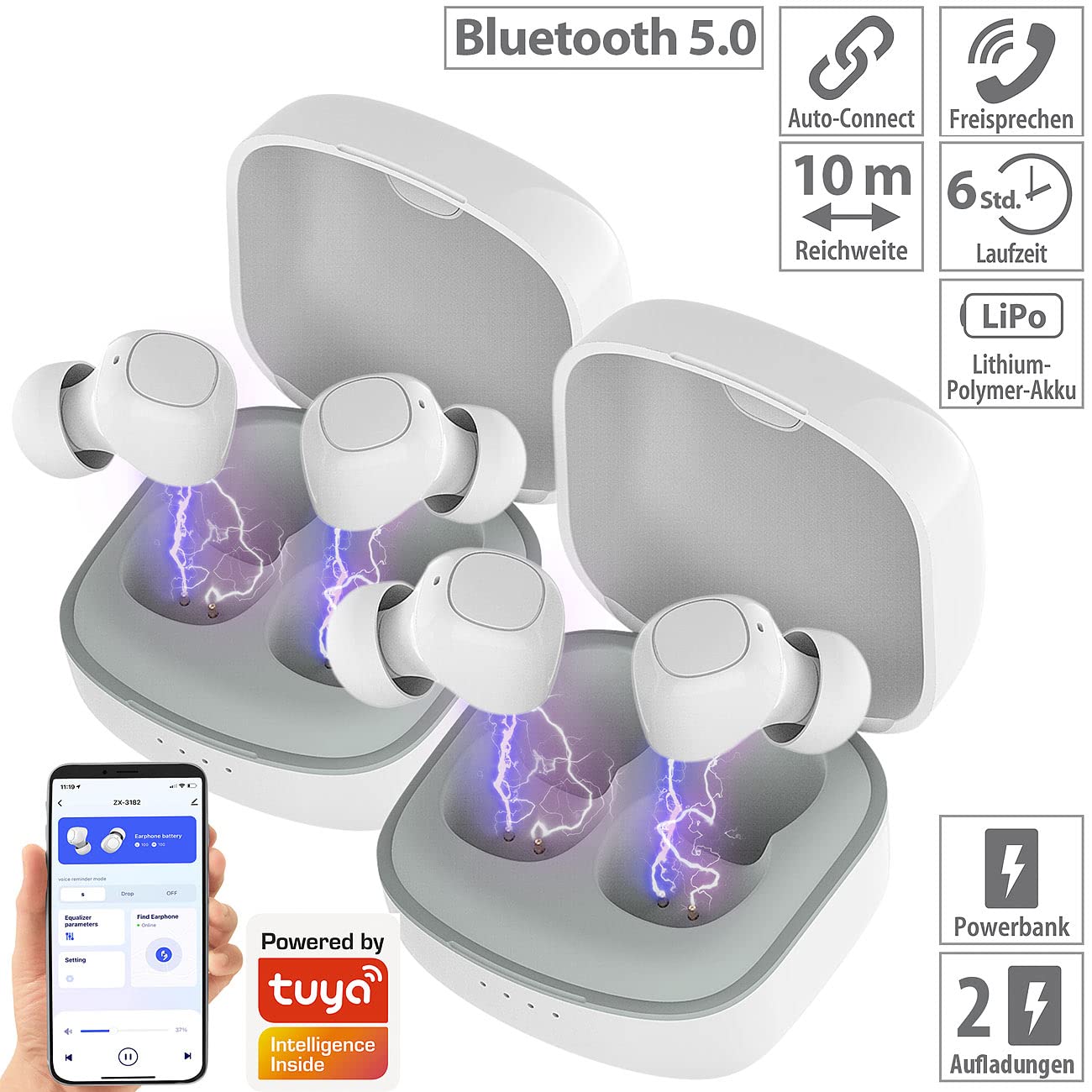 auvisio cuffie wireless: Cuffie stereo in-ear, compatibile con Google Assistant e Apple Siri, Bluetooth 5, Scatola di ricarica (senza fili, auricolare true wireless in-ear)