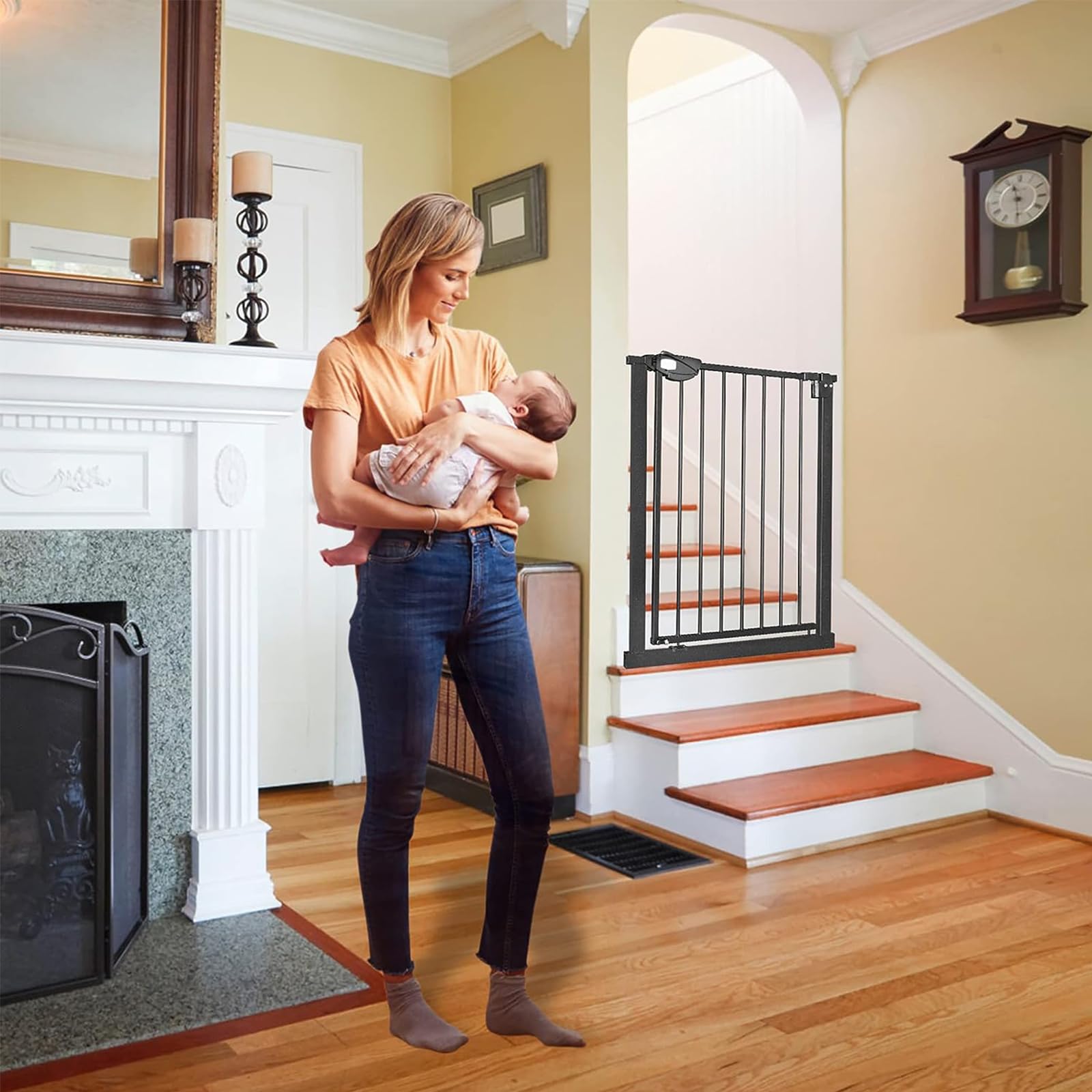 Aufun Rejilla protectora para escaleras, para niños, 180°, rejilla de apertura bidireccional, 95-105 cm de ancho, sin taladrar, rejilla de metal para niños pequeños, color negro