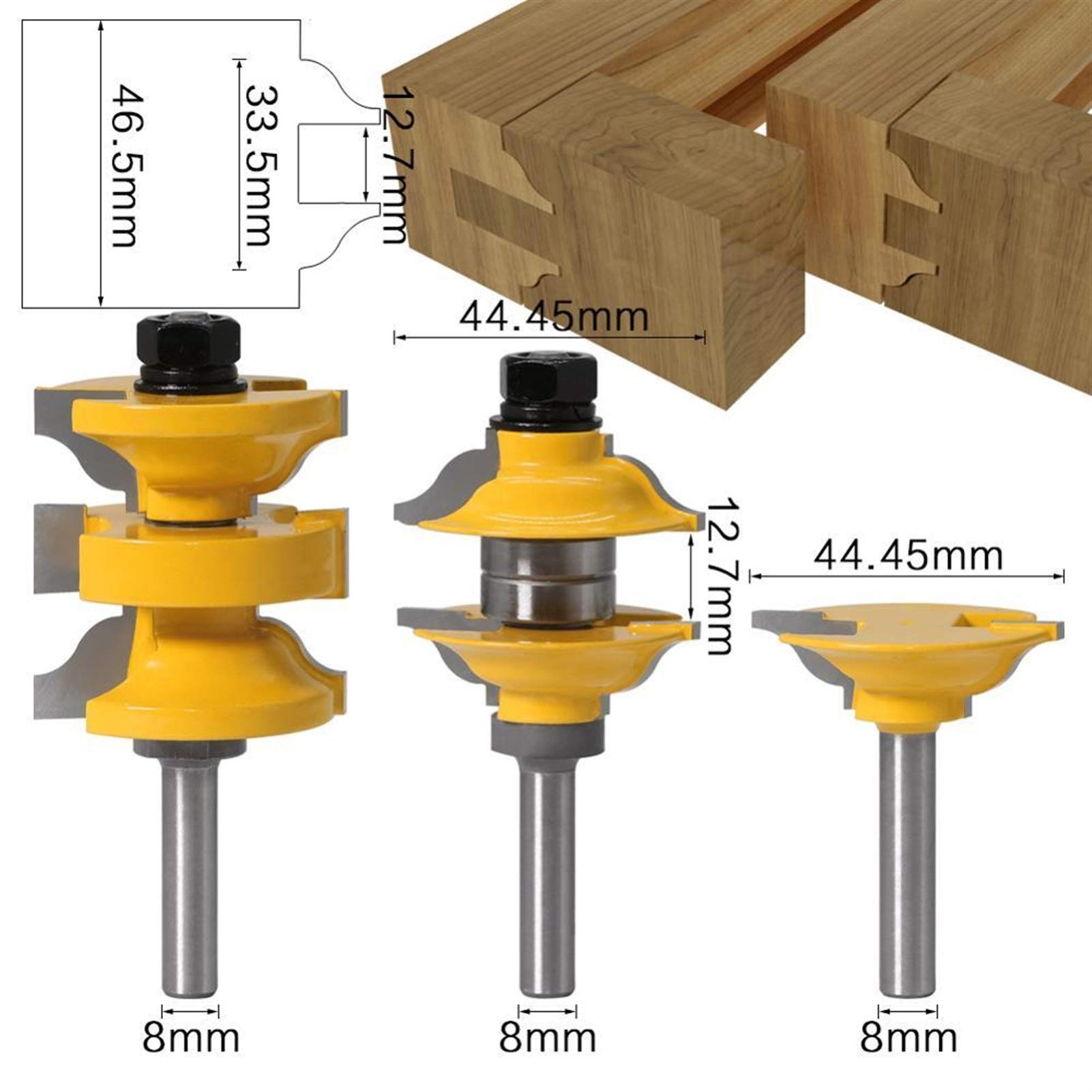 JINchao bity routerowe, zestaw bitów do drzwi wejściowych do wnętrz Tenon zestaw bitów frezarskich do drewna, 8 mm chwyt 12 mm 3 szt., do domu i DIY (Długość krawędzi cięcia: 8 mm)