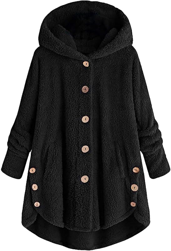 Womens Fleece Jackets Sherpa Winter Hooded Fuzzy Coats Oversized Button Down Cardigan Sweater Warm Jacket with Pocket