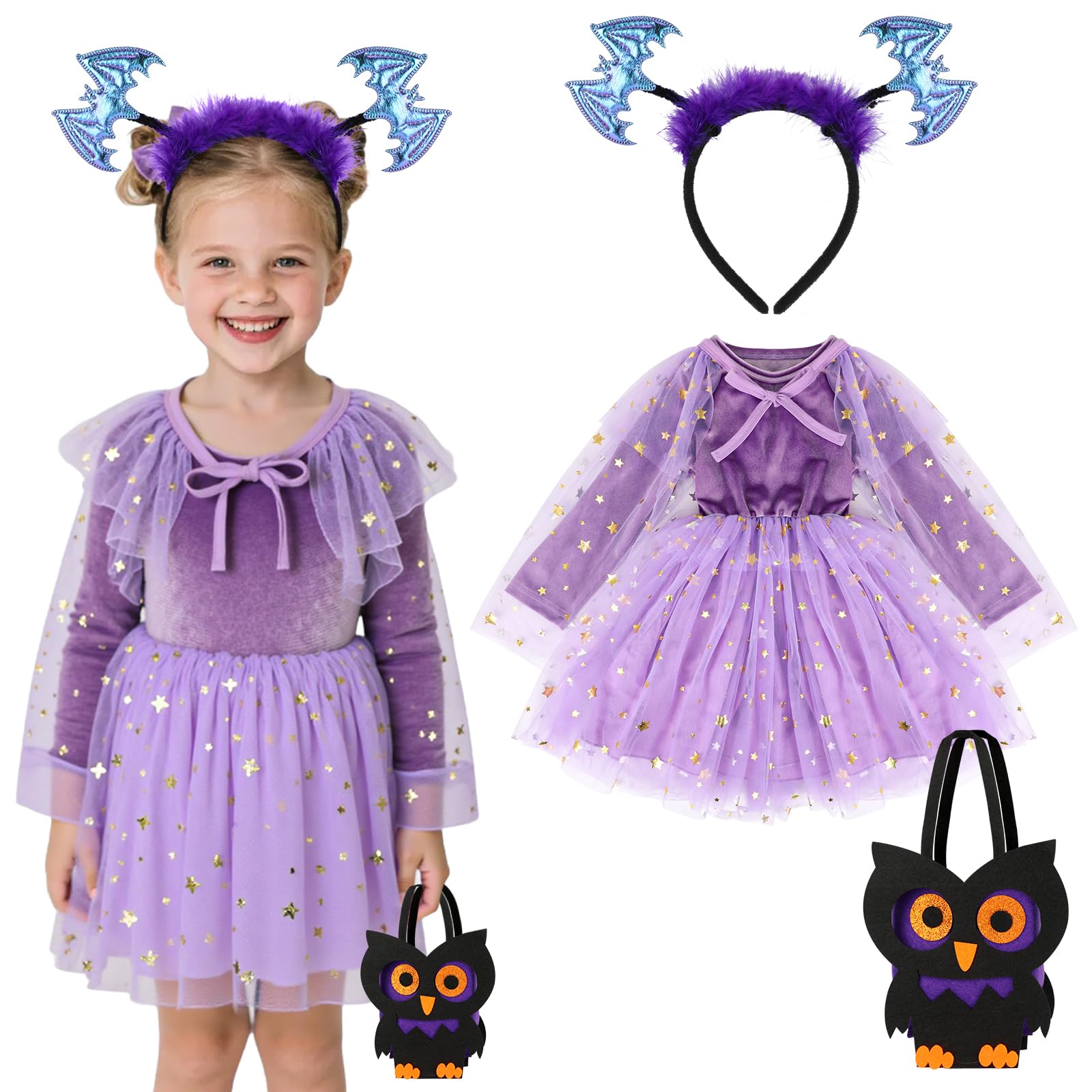 TAGVO Costume da Strega Halloween per Bambina, Ragazze Principessa Vestito Strega Viola Poncho Cappuccio Capo Paillettes Tulle Abiti serbatoio per bambini Halloween fantasia vestire per 1-6 anni