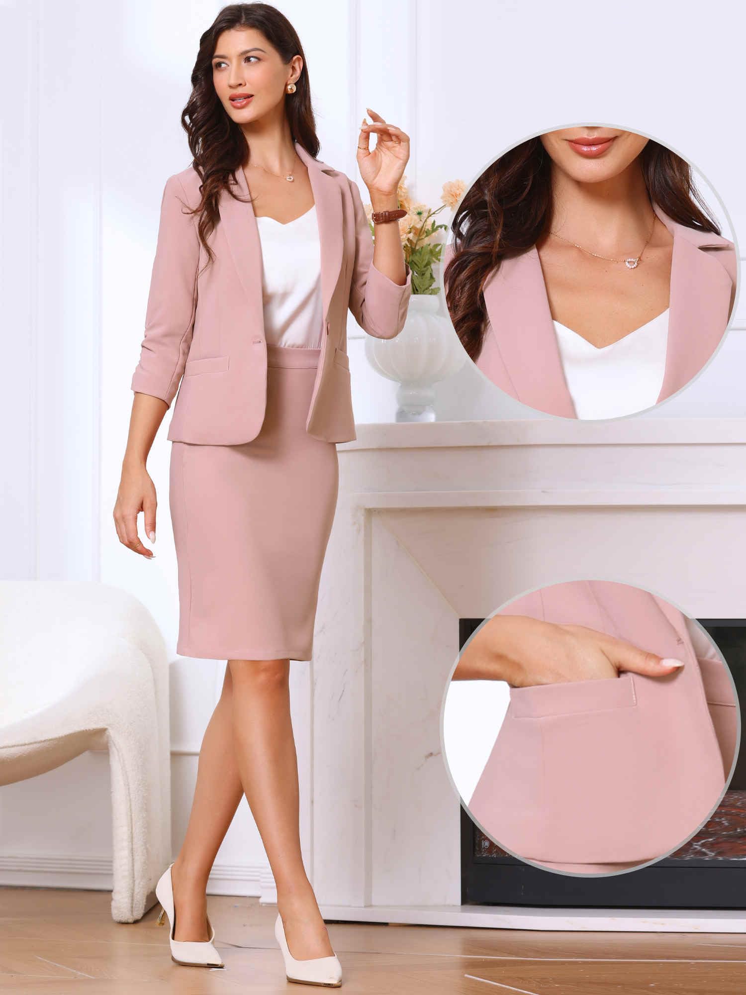 Allegra K Damen 2-Teiliges Anzug Rock Set Business Blazer Bleistiftrock mit Schlitz