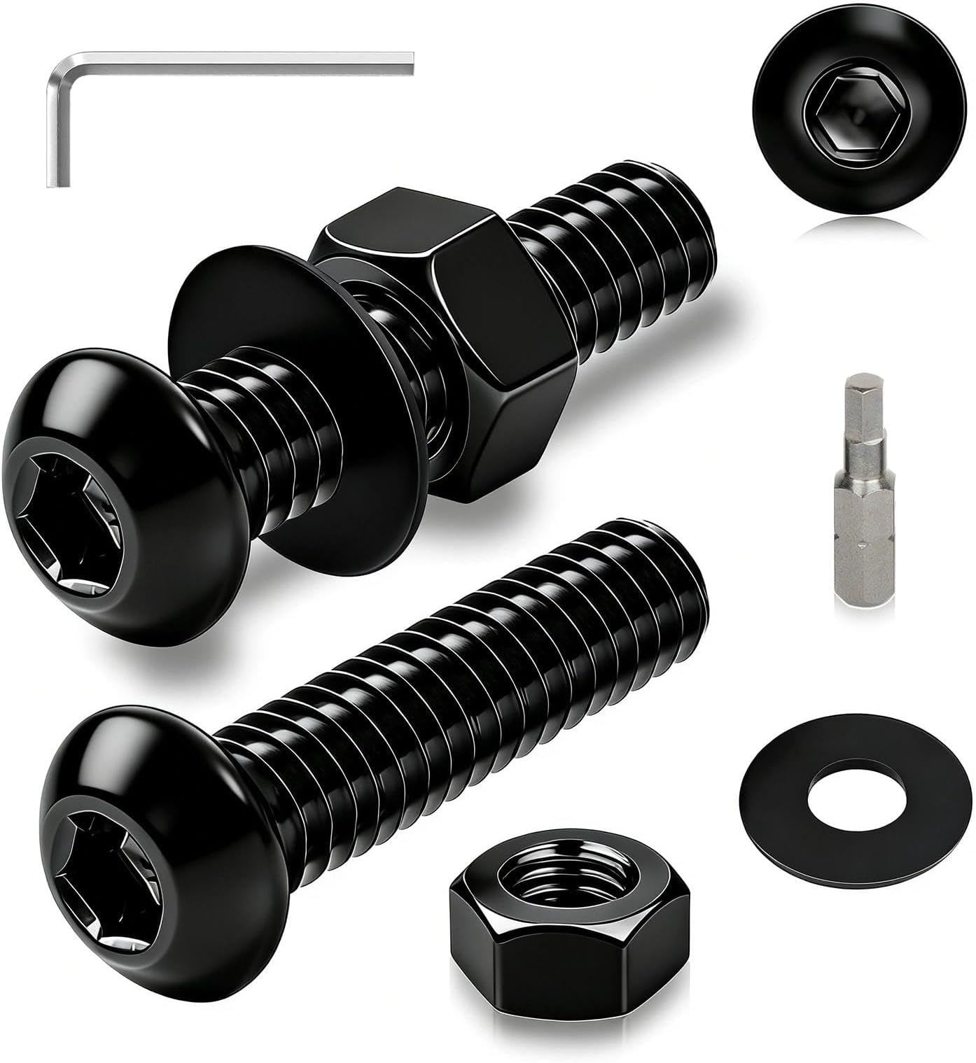 M4 Nuts and Bolts Set, 50 Pcs Black Hex Socket Button Head Allen Screws M4x8 mm Machine Bolts ISO 7380 Fully Threaded Screw with Nuts and Washers for Furniture Machinery Bike
