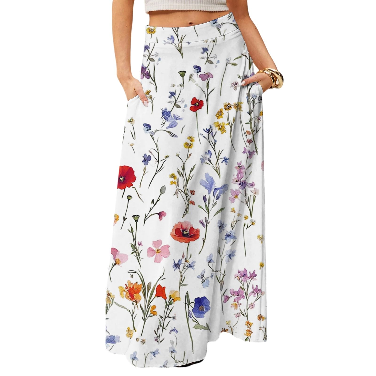 Sommerrock Damen Leicht Und Luftig Boho Röcke Hohe Elastische Taille Maxirock Lang Casual Elegant A-Linie Strandrock Midi Frezeitrock Mit Taschen Gummizug