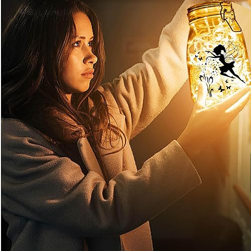 Miniatura 6 de CREATCABIN 12 piezas de siluetas de hadas, decoración de tarro de albañil, farol de ángel, recortes láser, adornos de PVC para paredes de vidrio