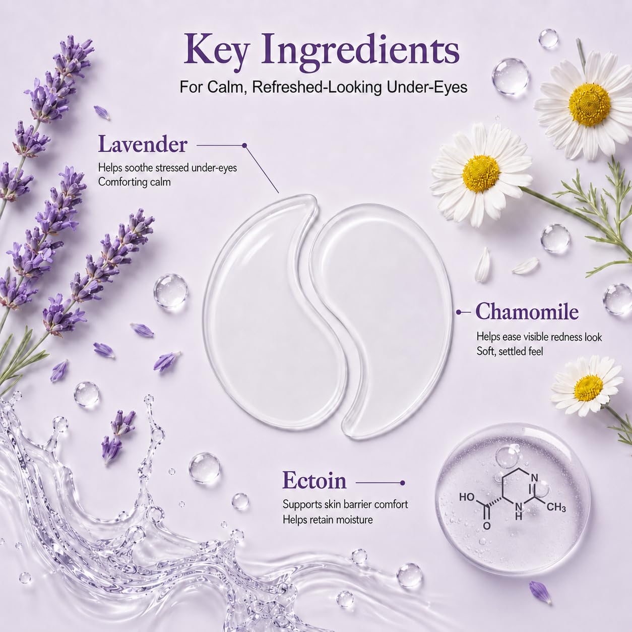 Tintark Parches de hidrogel Crystal Amethyst Haze para debajo de los ojos | Mascarillas de lavanda, manzanilla y ectoína para ojos sensibles y comodidad de aspecto enrojecido