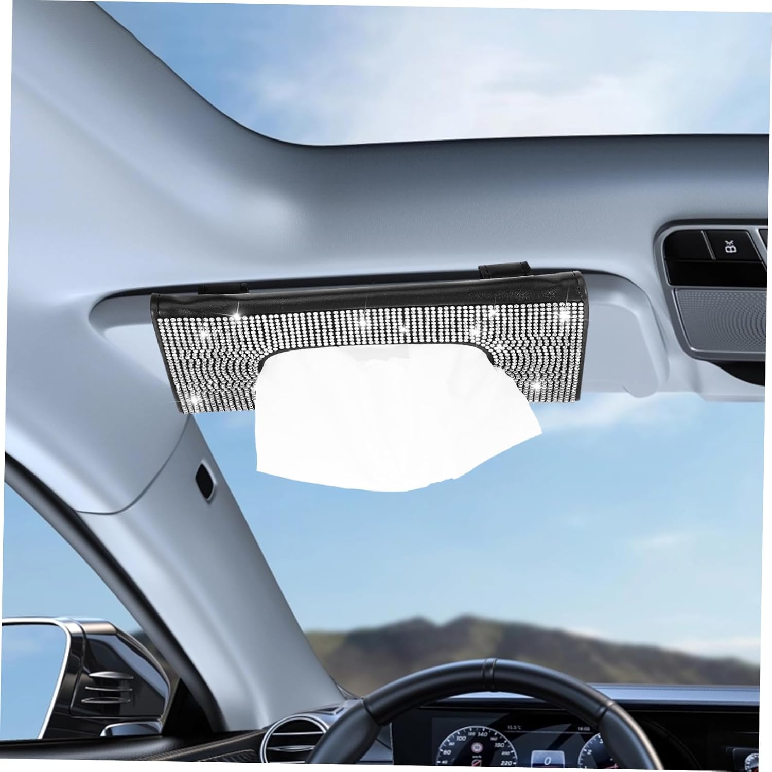Black Rhinestone Leather Car Visor Tissue Holder with Large Capacity image 4