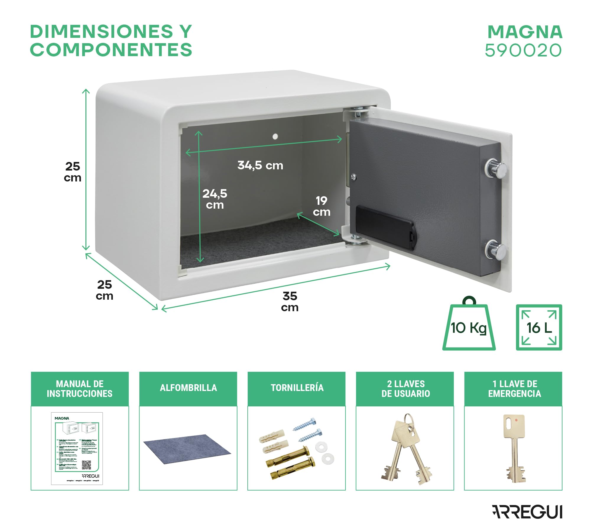 ARREGUI Magna 590020 Caja Fuerte con Cerradura de Doble Seguridad | Caja de Seguridad de Apertura con Codigo más Llave | Caja Fuerte Pequeña para Casa, Hogar, Negocios | 25x35x25 cm | 16 L