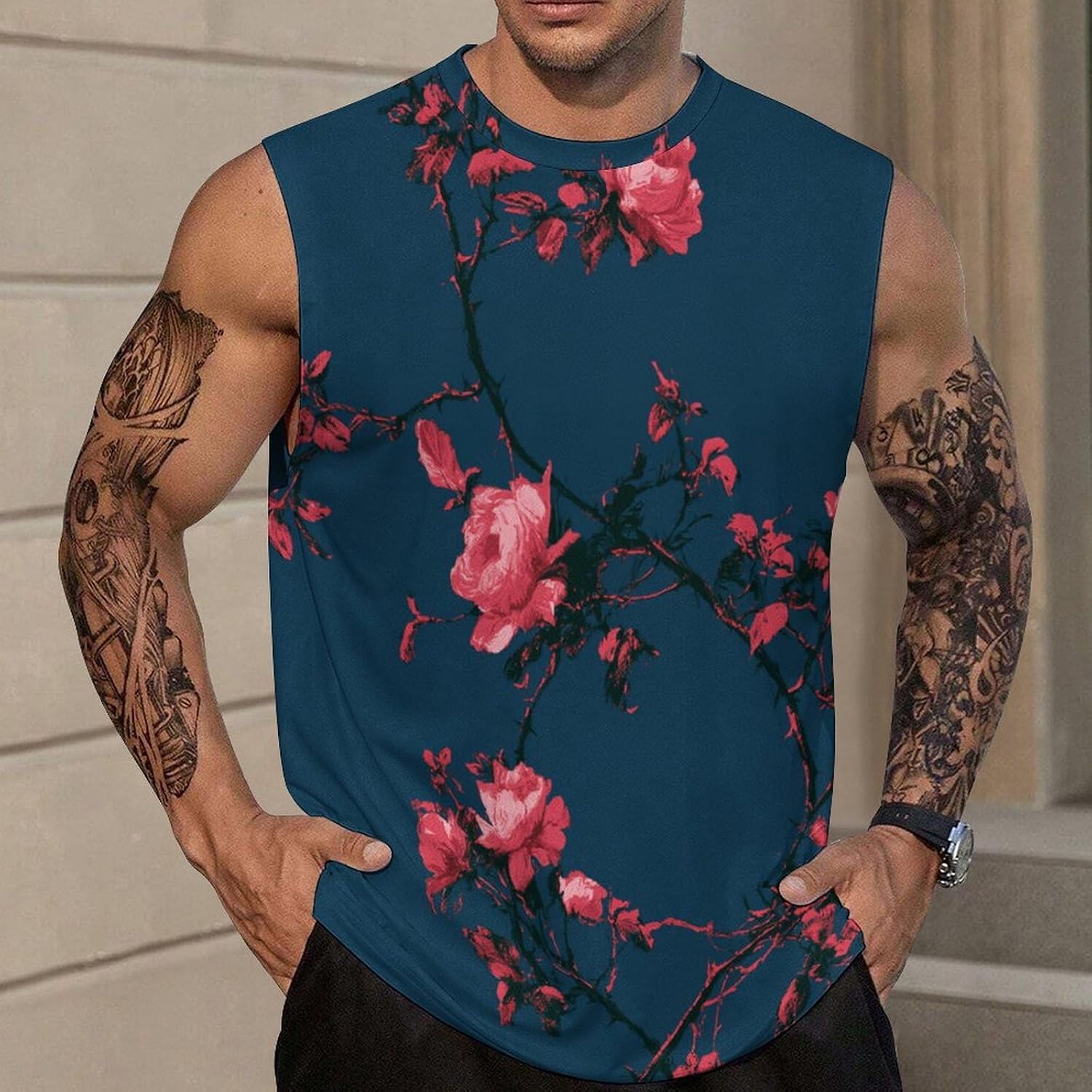 Meandering RosesMen's Sleeveless Crew Neck Knit Top, Soft Faux Cotton Everyday Casual Basic Blouse