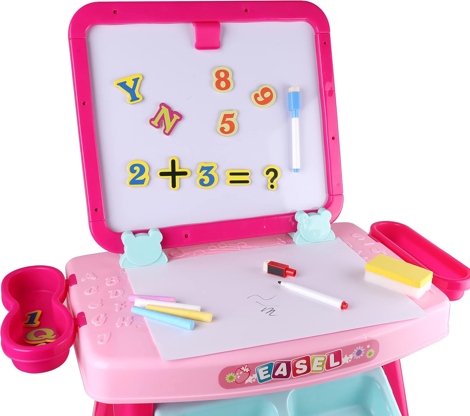 LIFEZEAL Mesa Infantil Con Banco, Juego De Caballete Con Pizarra De Doble Cara, Conjunto De Mesa Y Silla Para Niños De 3+ Años, Estante Para