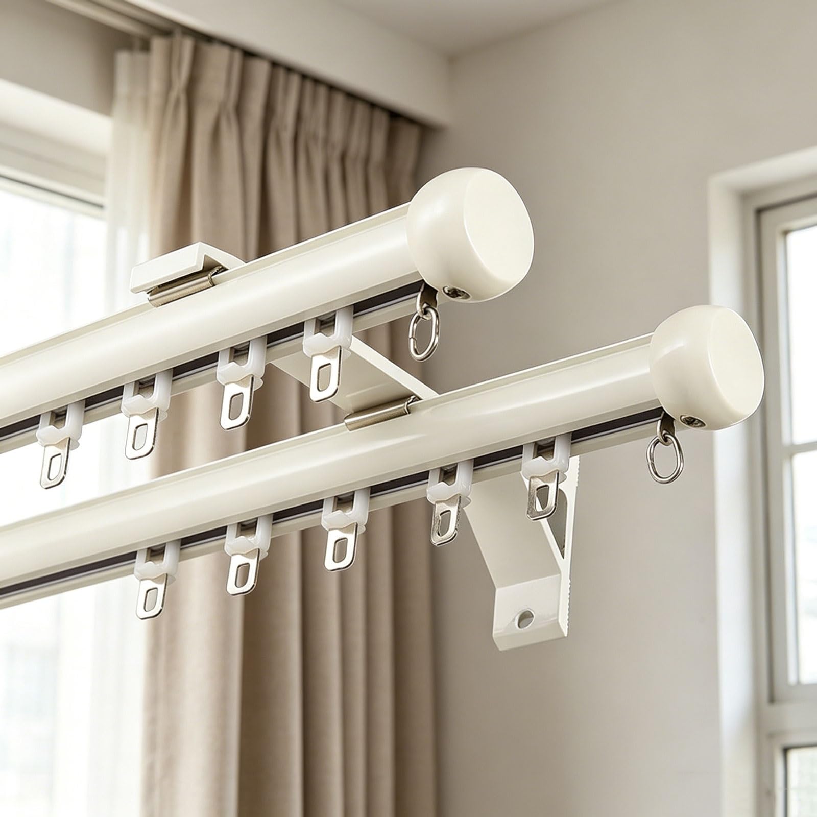 Double Silent Curtain Track Wall Mount Room Divider Heavy Duty ouble Curtain Rod with Mute Rollers Easy Install for Bedroom Living Room Kitchen Office(White,2.8m/9.2ft)