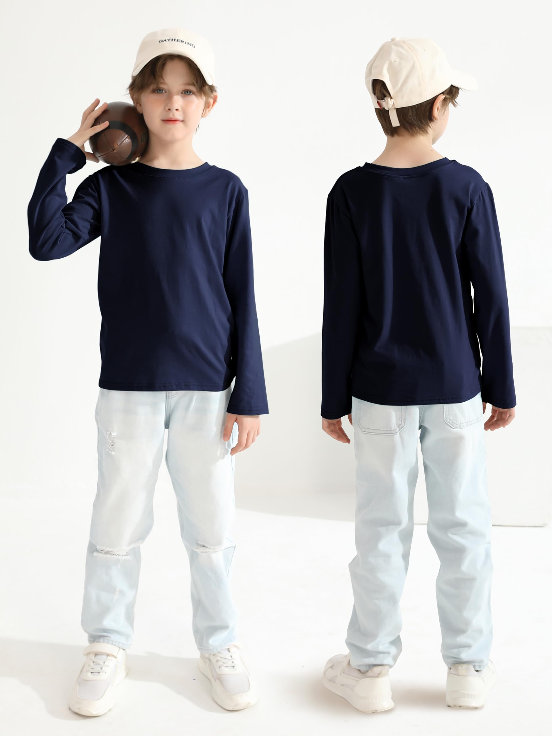 HoeVou Paquete de 5 camisetas de manga larga para niños, camisetas de algodón para jóvenes y niños, camisetas básicas sin etiquetas