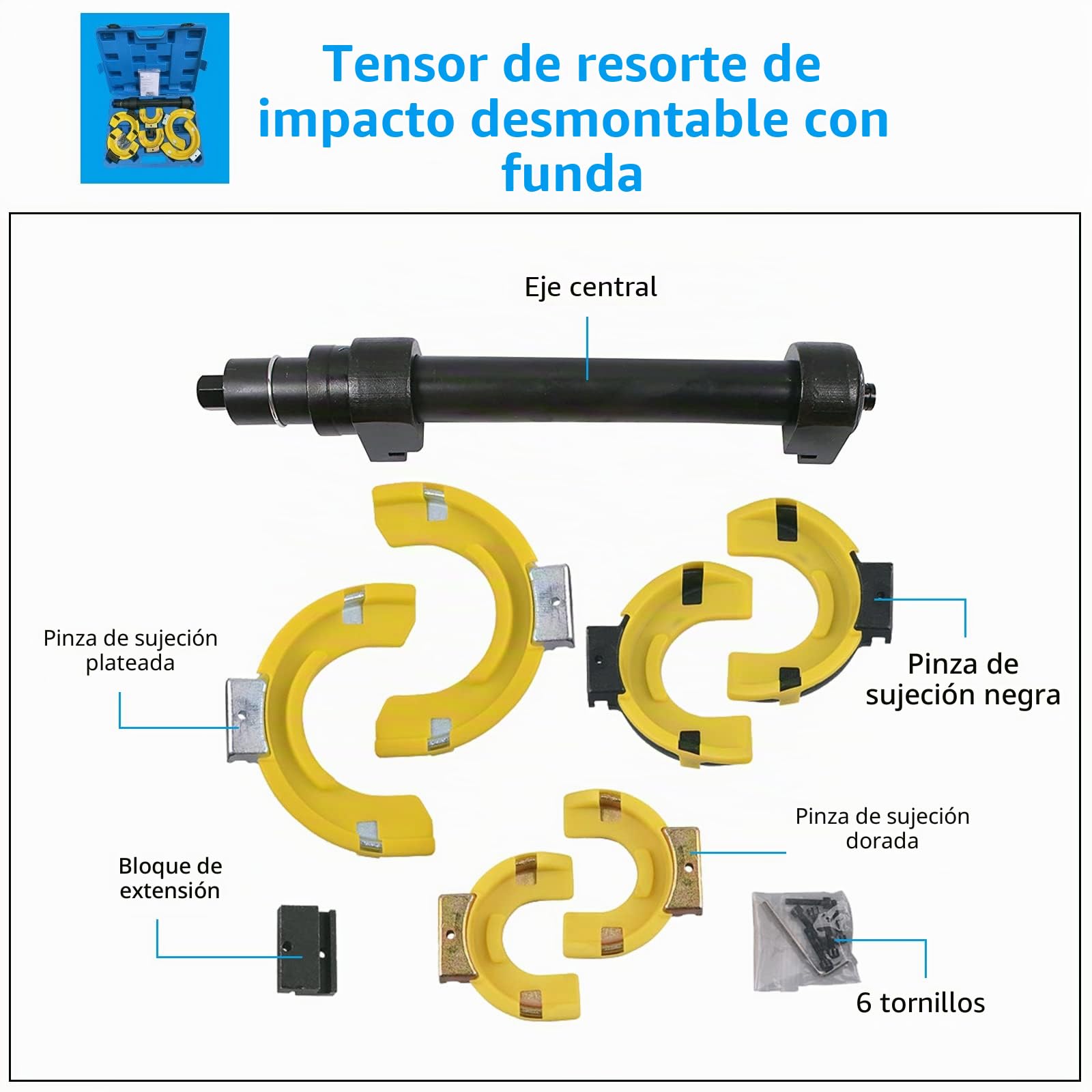 UISEBRT Juego de tensores de muelles universales para coche, tensores de hasta 1000 kg, sistema de puntal de tuning, herramientas de coche con caja de plástico azul