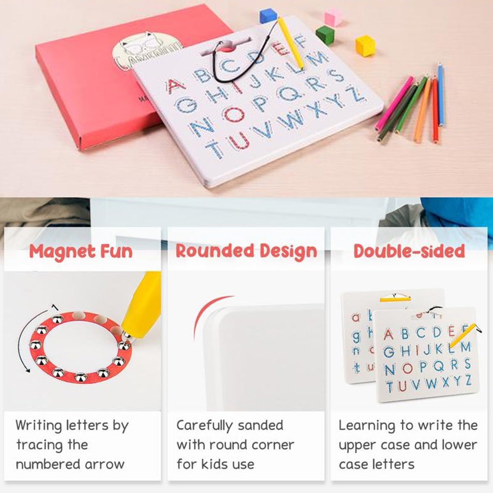 Magnettafel zur Nachverfolgung von Buchstaben: Alphabetbrett, 2-in | 1 magnetische Perlen, Zeichentablett mit optischem Stift, Übungsspielzeug für Kinder, Mädchen