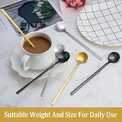Miniatura 7 de Juego de 12 cucharas de café, cucharas de té doradas de 6.7 pulgadas, mango largo, cucharaditas pequeñas doradas, cuchara de café espresso de acero