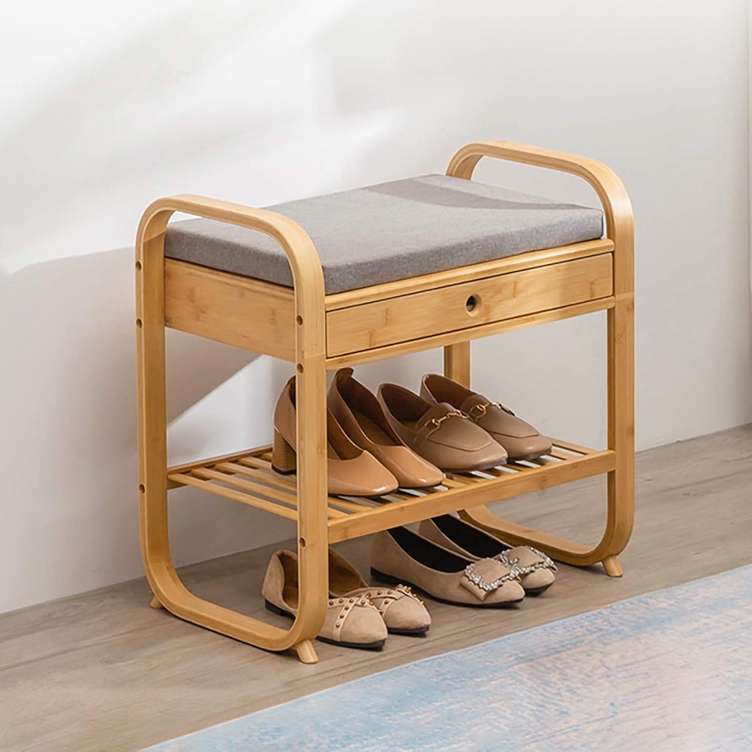 Shoe Bench with Storage Drawer, Bamboo Shoe Rack Bench with Open Shelves, Removable and Washable Upholstered Seat, Entryway Shoe Storage Bench, for Bedroom end of Bed, Living Room (Size :