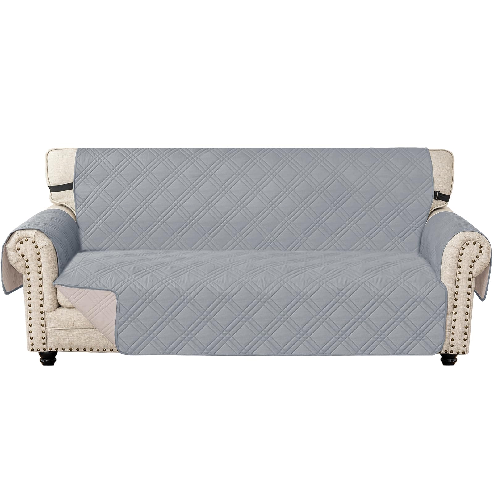 Ystyle Copridivano 3 Posti Con Braccioli, Reversibile Copri Divano Antigraffio Per Gatto Gatto, Copertura Divano Trapuntato Doppio Lato, Universale Sofa Cover, Grigio Chiaro + Beige