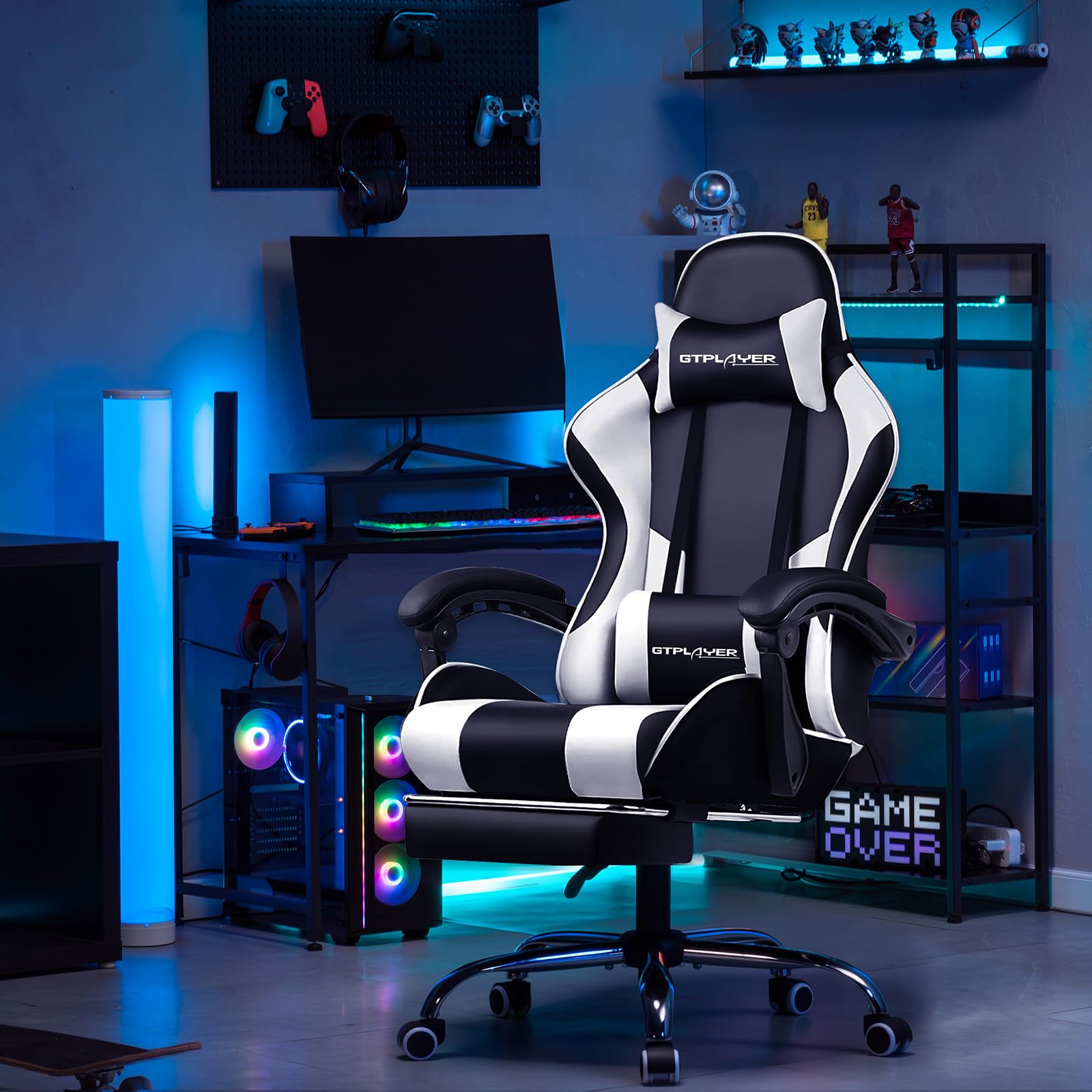 GTPLAYER Silla de Oficina para Gaming, Masaje, sillón, Silla ergonómica para Gamer, con reposapiés, reposacabezas, cojín Lumbar, Acolchado, Silla giratoria, Color Blanco